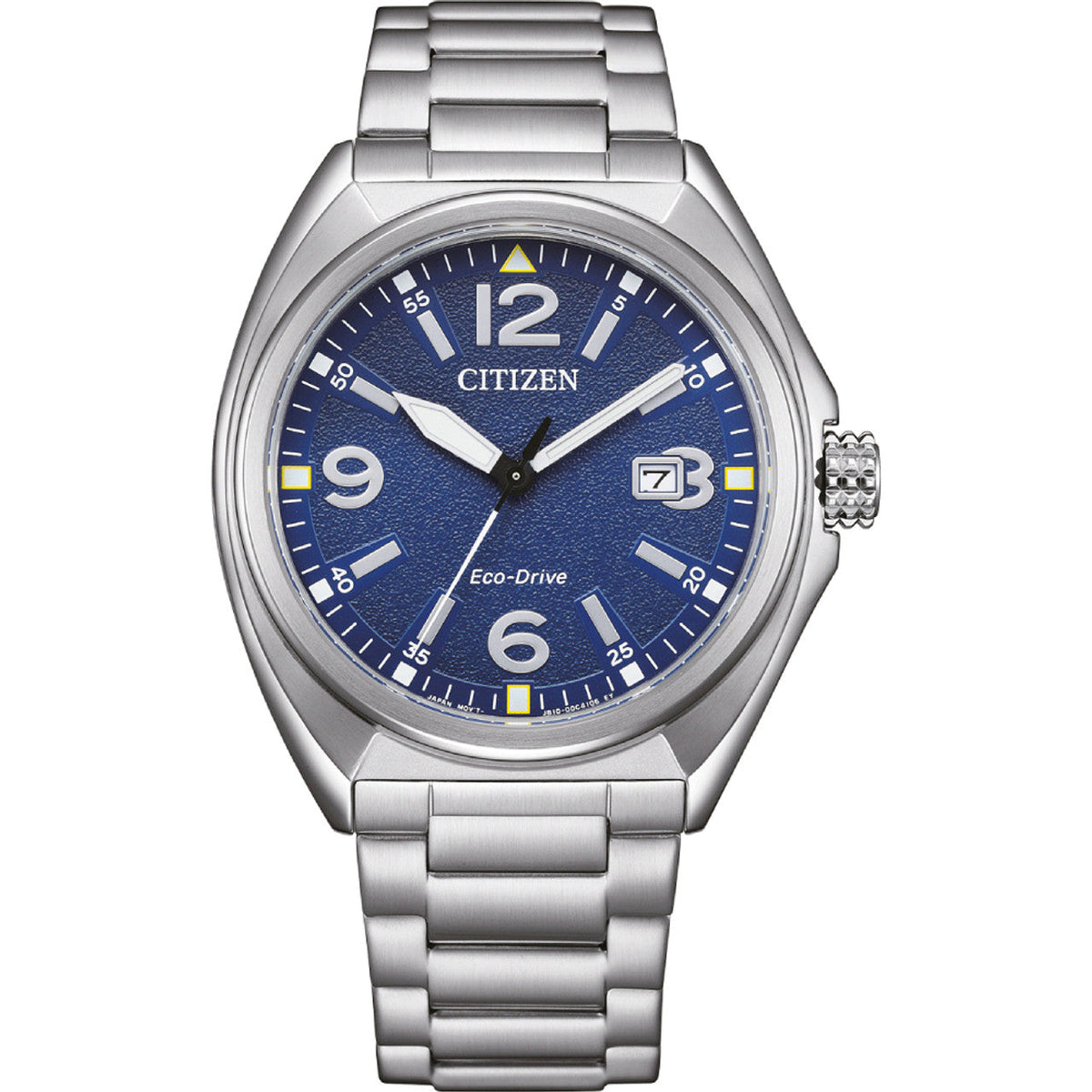 Silver Citizen Eco-Drive watch with a blue face.