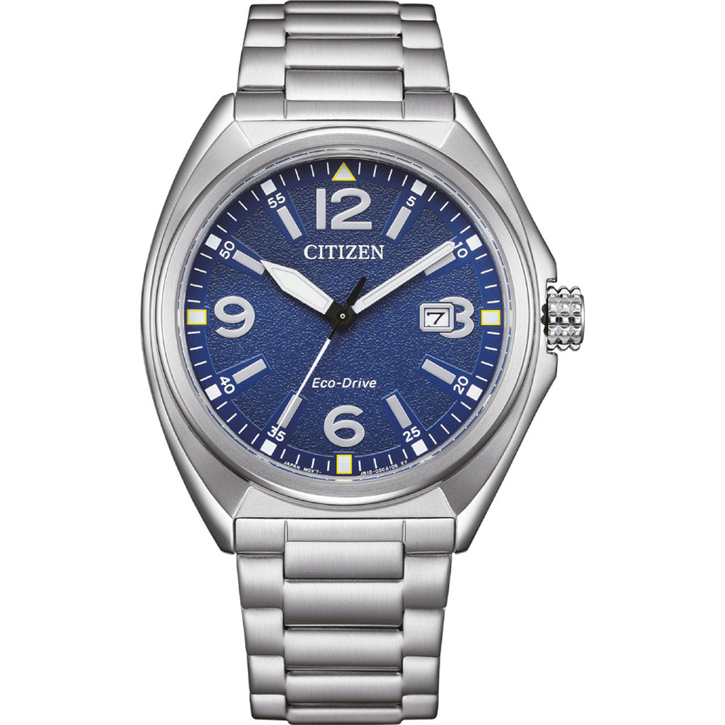 Silver Citizen Eco-Drive watch with a blue face.