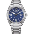 Silver Citizen Eco-Drive watch with a blue face.