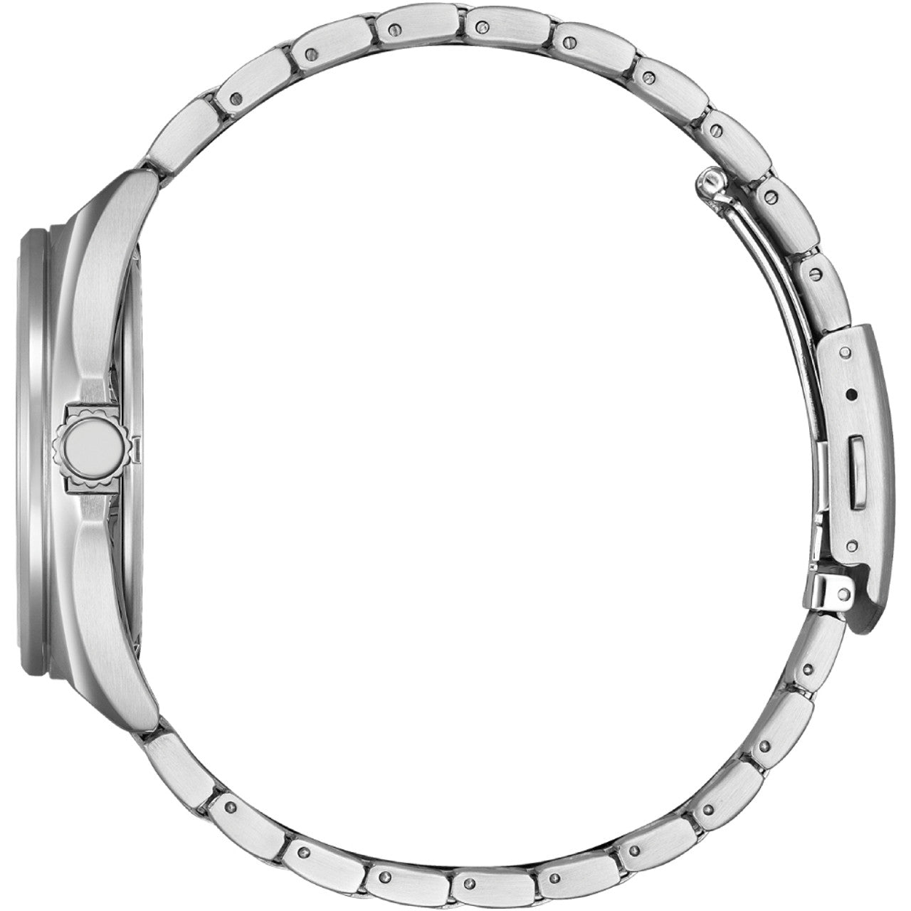 Silver wristwatch, side view.