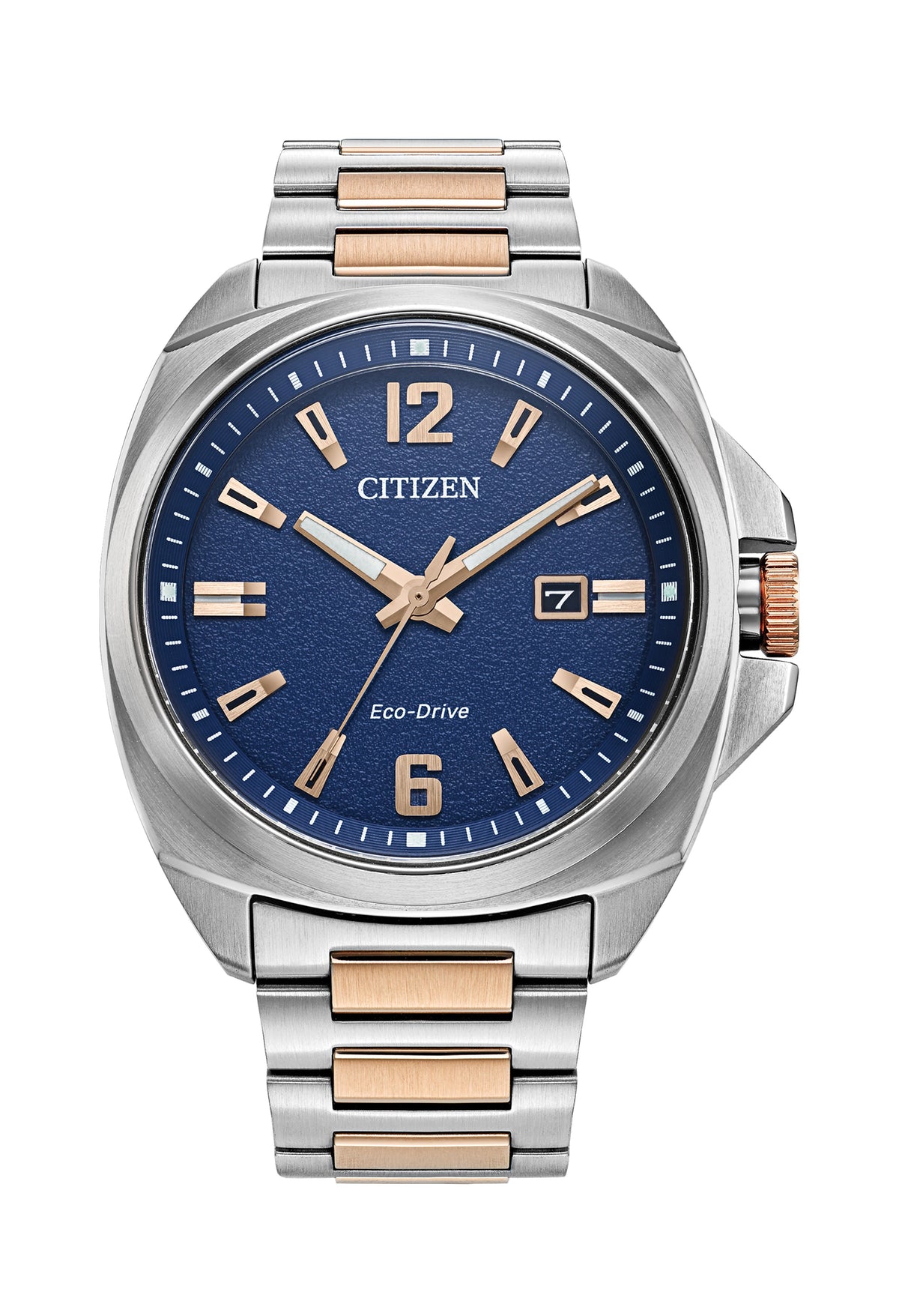 Citizen Eco-Drive watch showcasing blue dial, rose gold accents, and silver band. Close-up for detailed view.