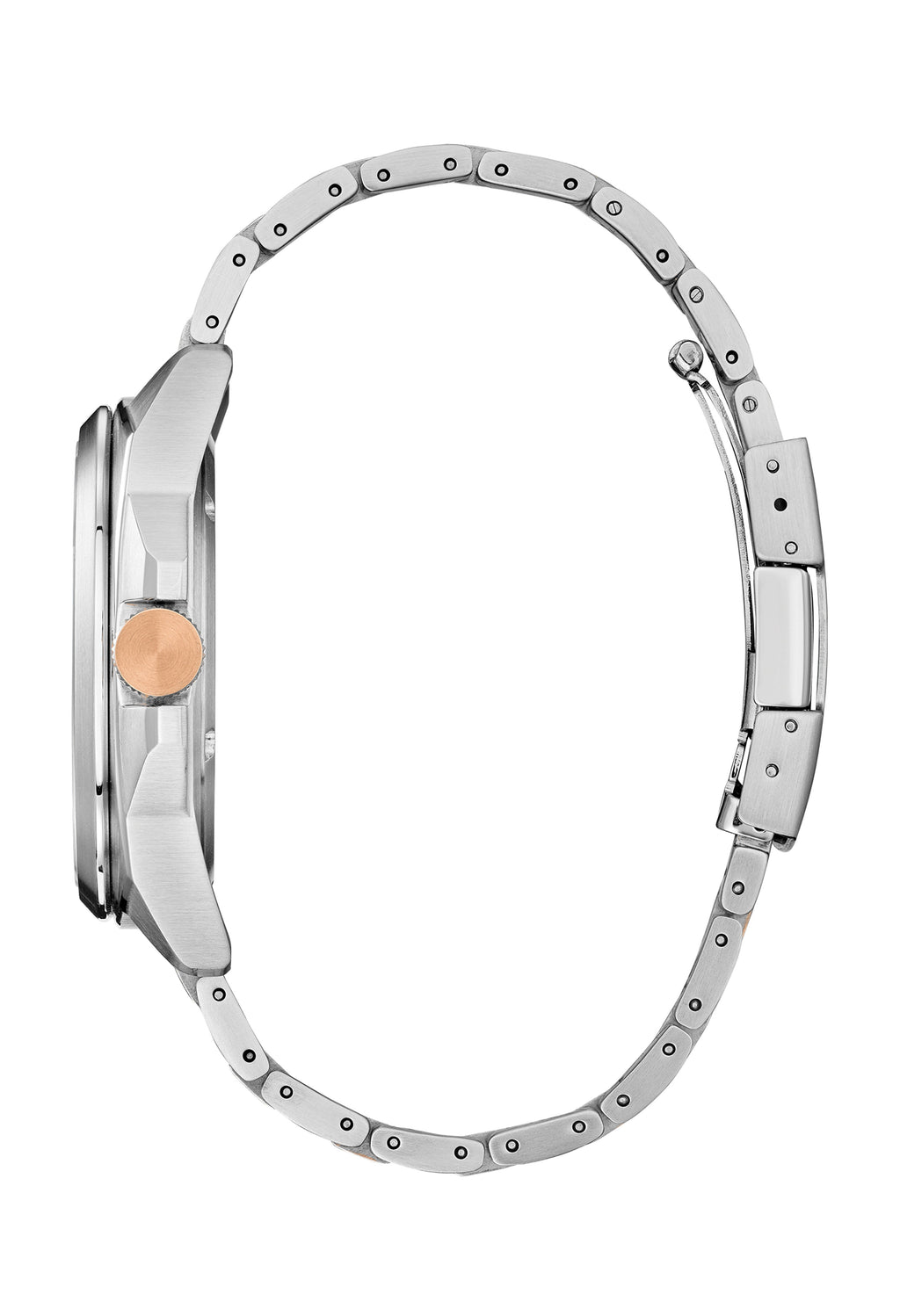 Side view of the Citizen Eco Drive watch, highlighting the stainless steel band, rose gold crown, and overall design.