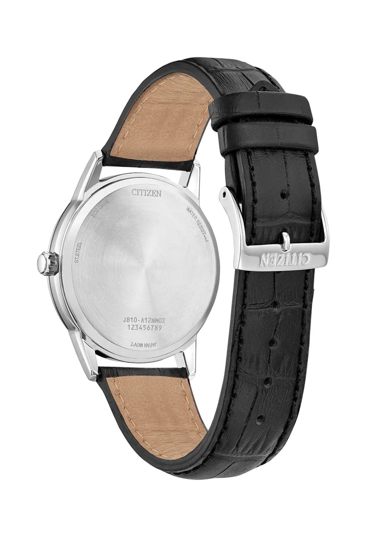 Close-up of the back of Citizen Eco Drive watch showcasing stainless steel case, model number J810-A12NM02, and leather