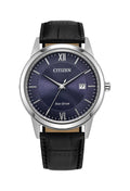 Close-up of the Citizen Gents Eco Drive watch showcasing its blue dial, silver stainless steel case, and date display.