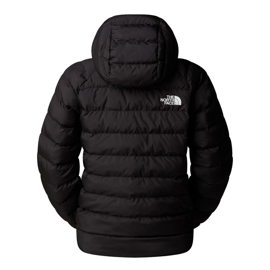 A black hooded puffer jacket shown from the back, featuring horizontal quilting and a small white The North Face logo on the upper back, set against a plain white background.