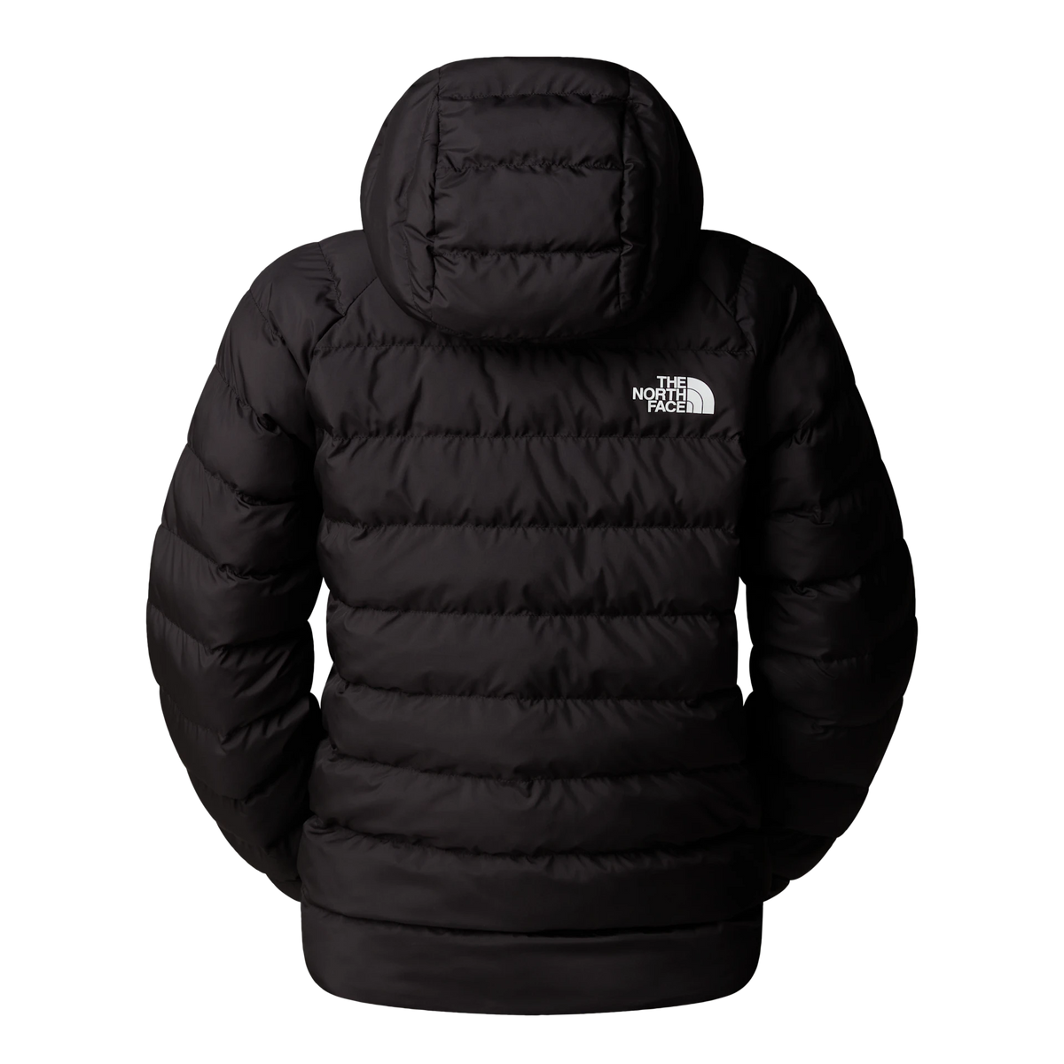 A black hooded puffer jacket shown from the back, featuring horizontal quilting and a small white The North Face logo on the upper back, set against a plain white background.