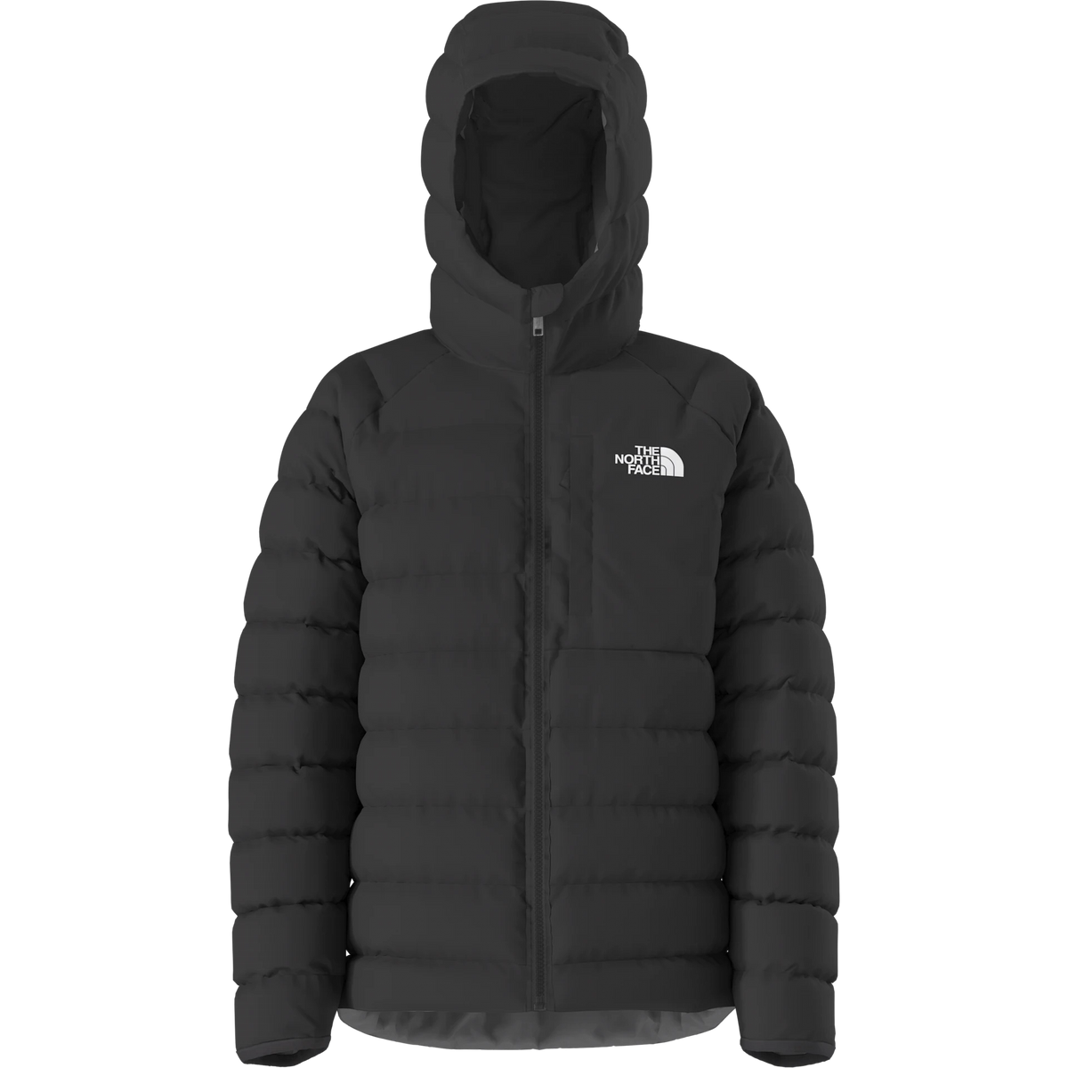 A black puffer jacket with horizontal quilting, a full front zipper, and a hood, featuring a white embroidered logo of The North Face on the left chest, shown against a plain white background.