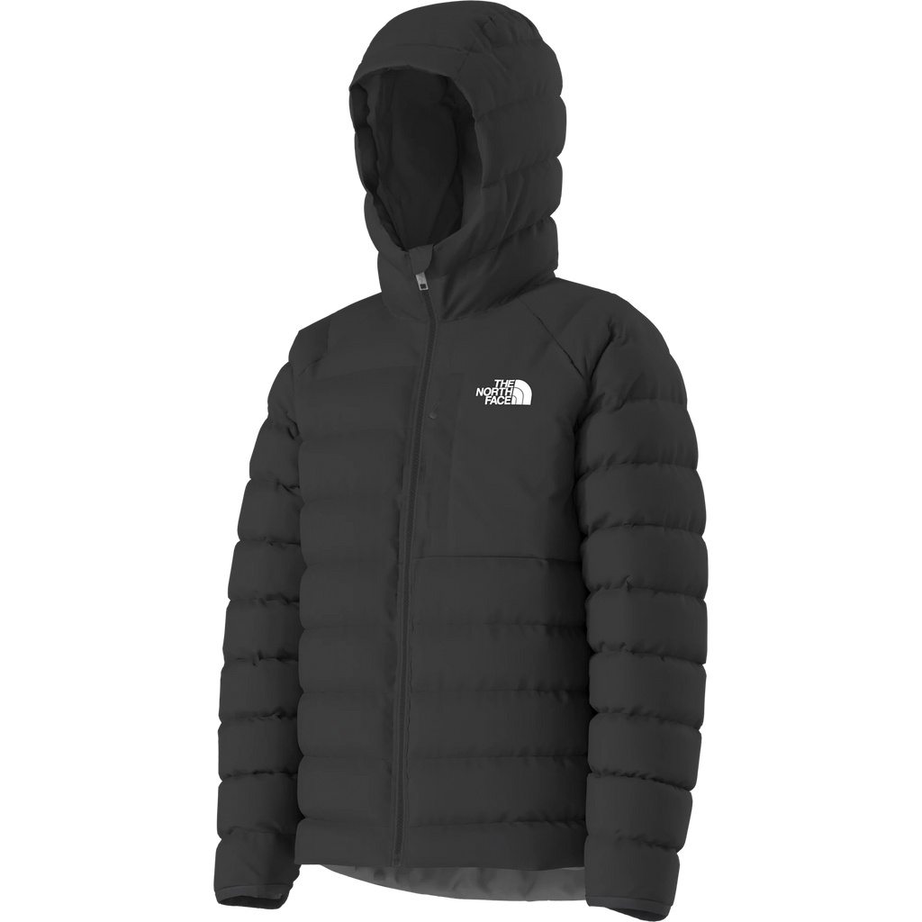 A black hooded puffer jacket from The North Face, featuring horizontal quilting, a full-zip front, and a white embroidered logo on the left chest, shown against a plain white background.