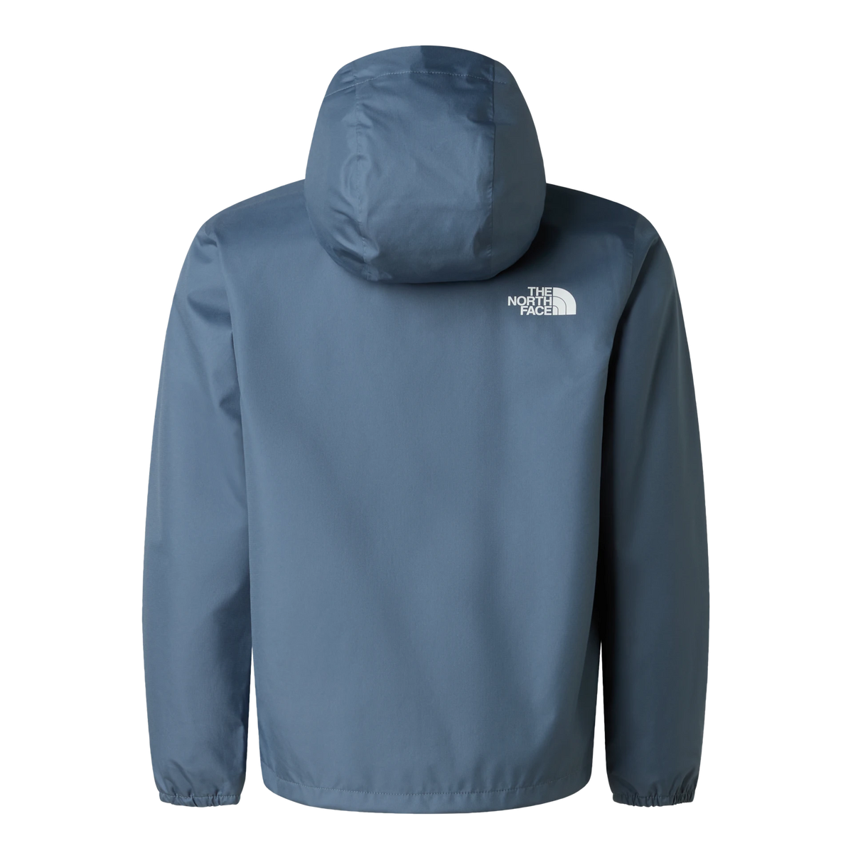 The back view of a slate blue hooded jacket from The North Face, featuring a small white logo on the upper left back, set against a plain white background.