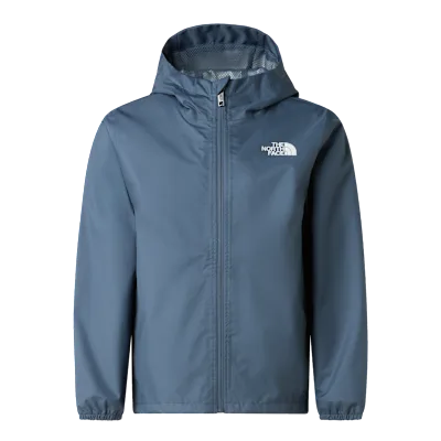 A slate blue hooded jacket with a full front zipper and a white embroidered 'The North Face' logo on the left chest, shown against a plain white background.