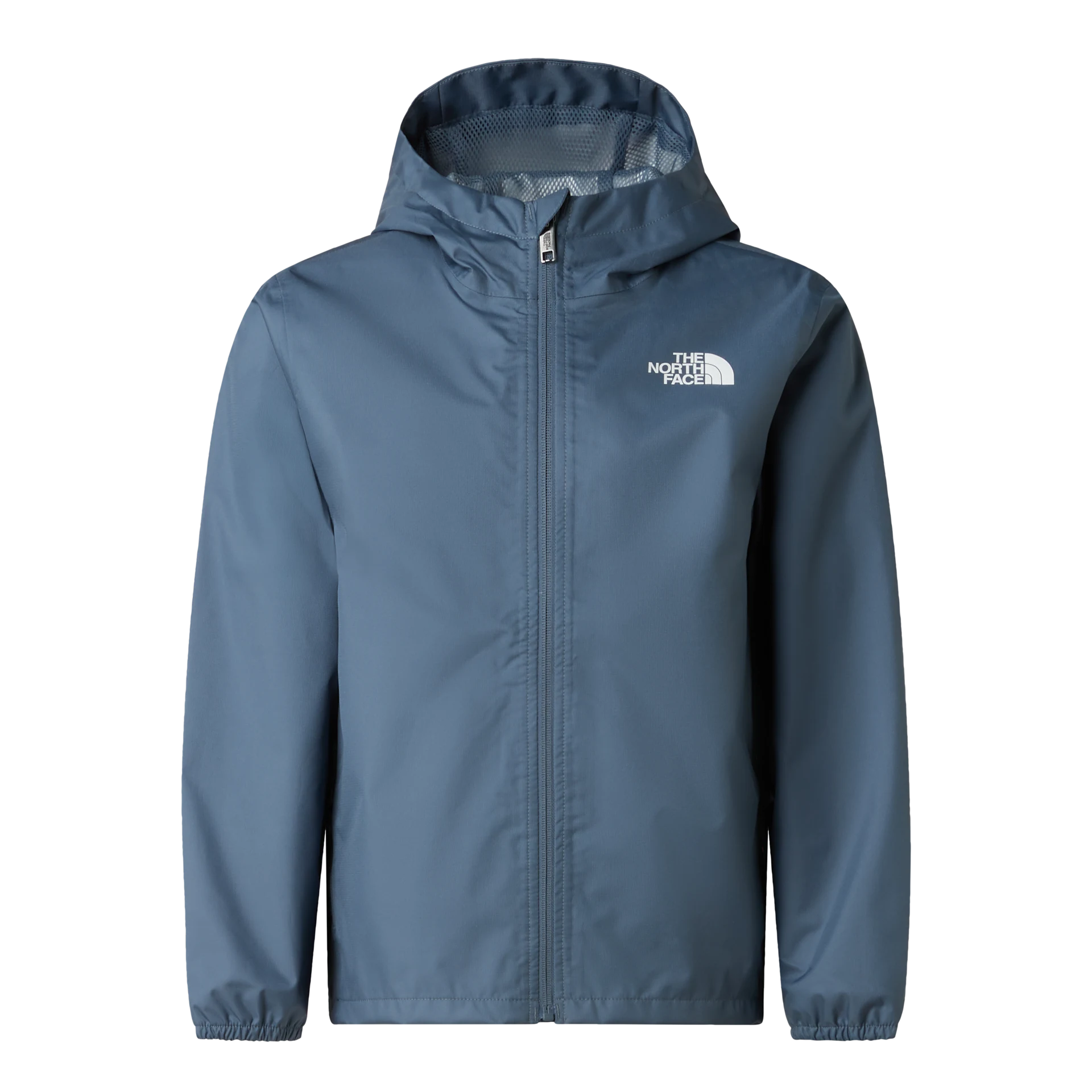 A slate blue hooded rain jacket from The North Face, featuring a full-zip front, elastic cuffs, and a white embroidered logo on the left chest, displayed against a solid white background.