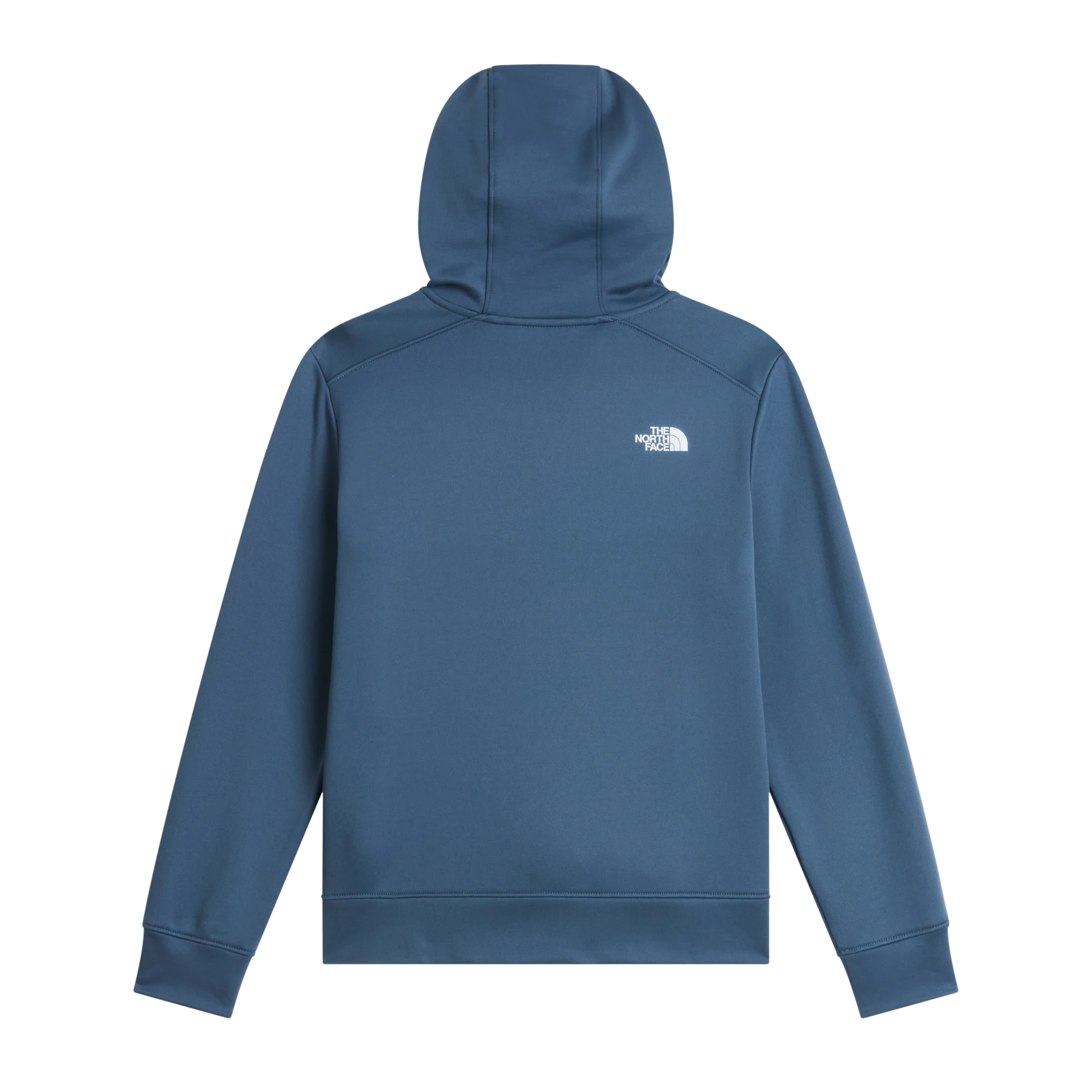 A slate blue pullover hoodie shown from the back, featuring a small white embroidered logo of The North Face on the upper left back, set against a plain white background.