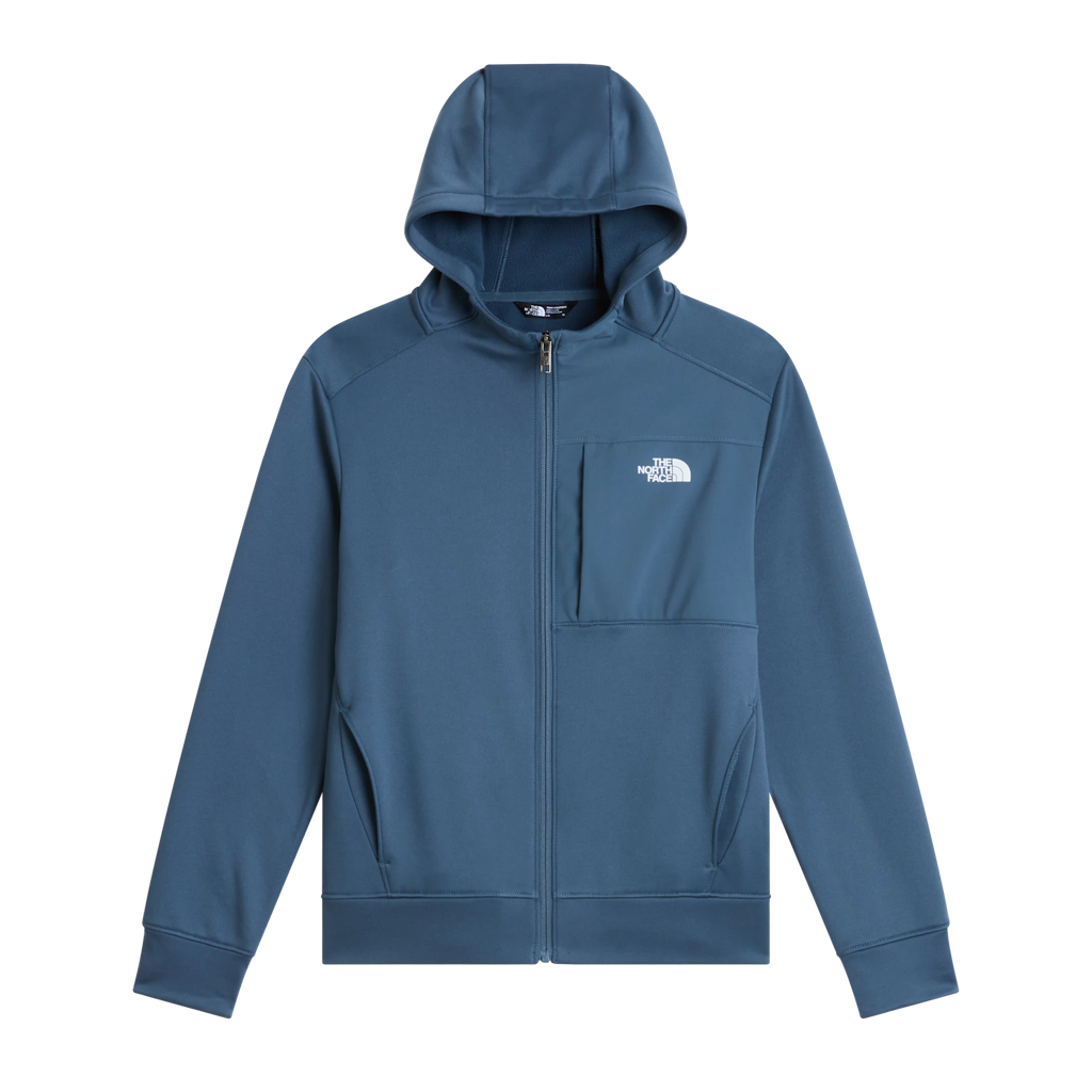 A slate blue zip-up hoodie with a front chest pocket and white embroidered logo of The North Face, displayed on a clean white background.