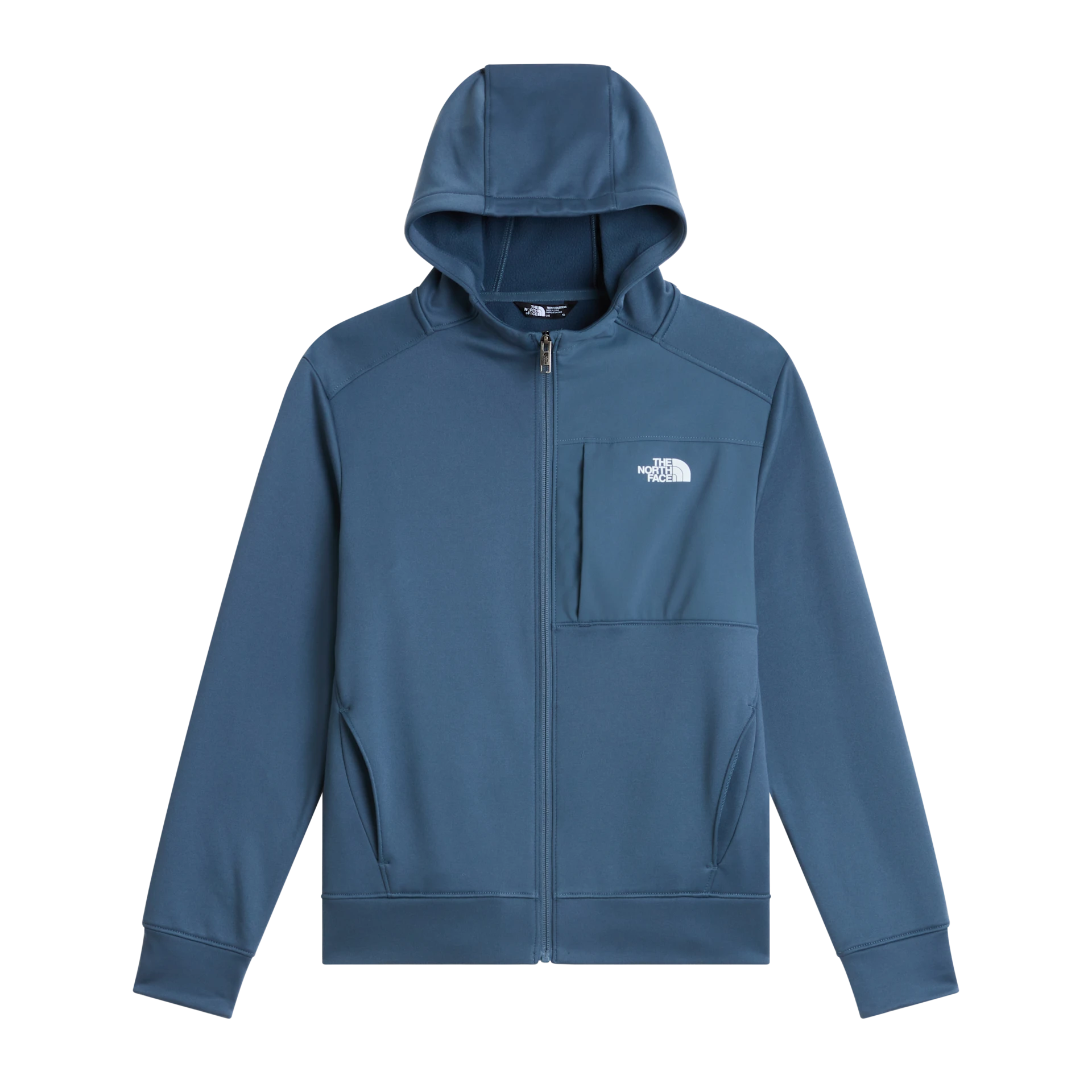 A slate blue zip-up hoodie with a front chest pocket and white embroidered logo of The North Face, displayed on a clean white background.