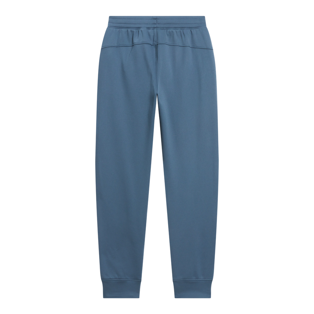 A pair of slate blue jogger-style pants with an elastic waistband and ribbed cuffs, shown flat against a solid white background.