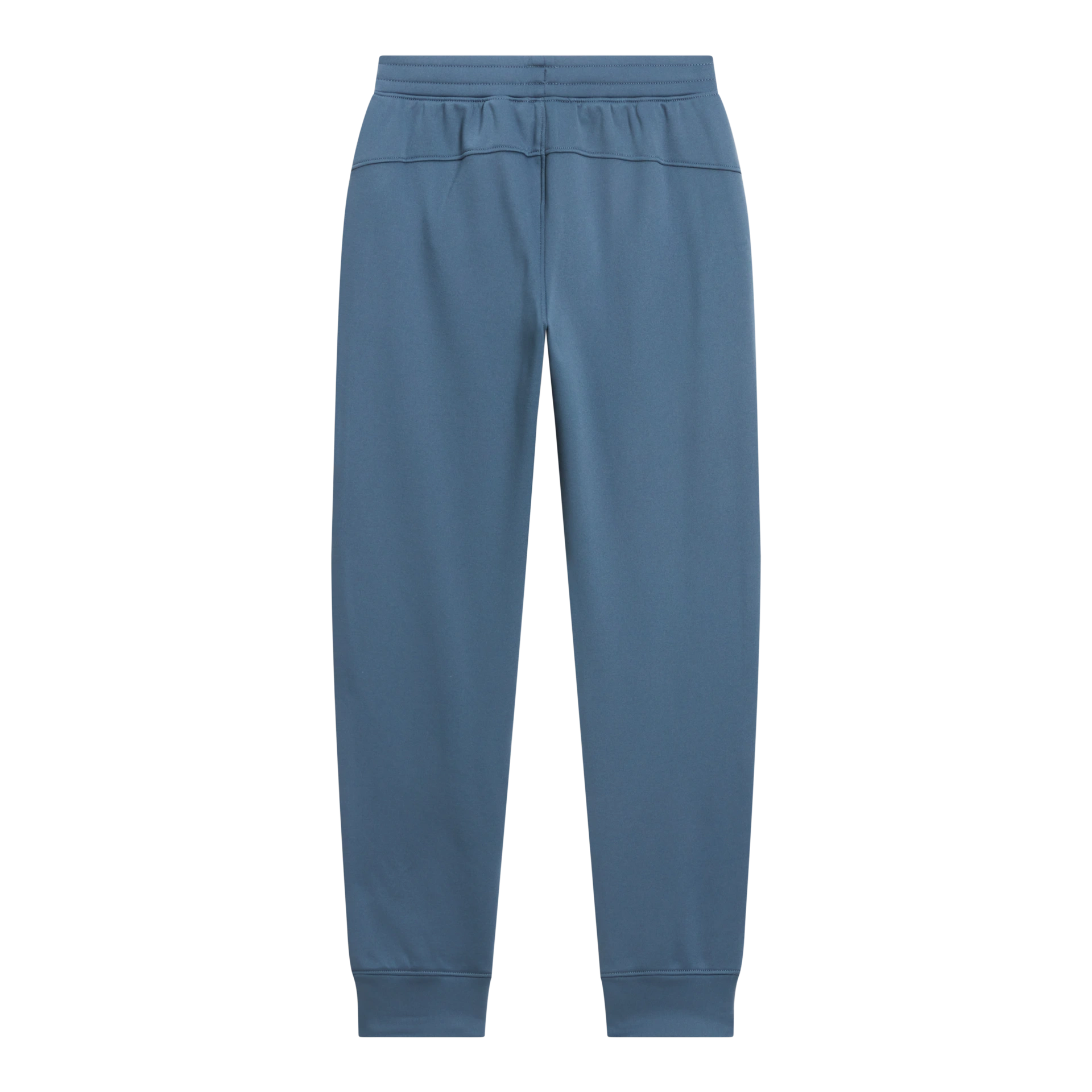 A pair of slate blue jogger-style pants with an elastic waistband and ribbed cuffs, shown flat against a solid white background.