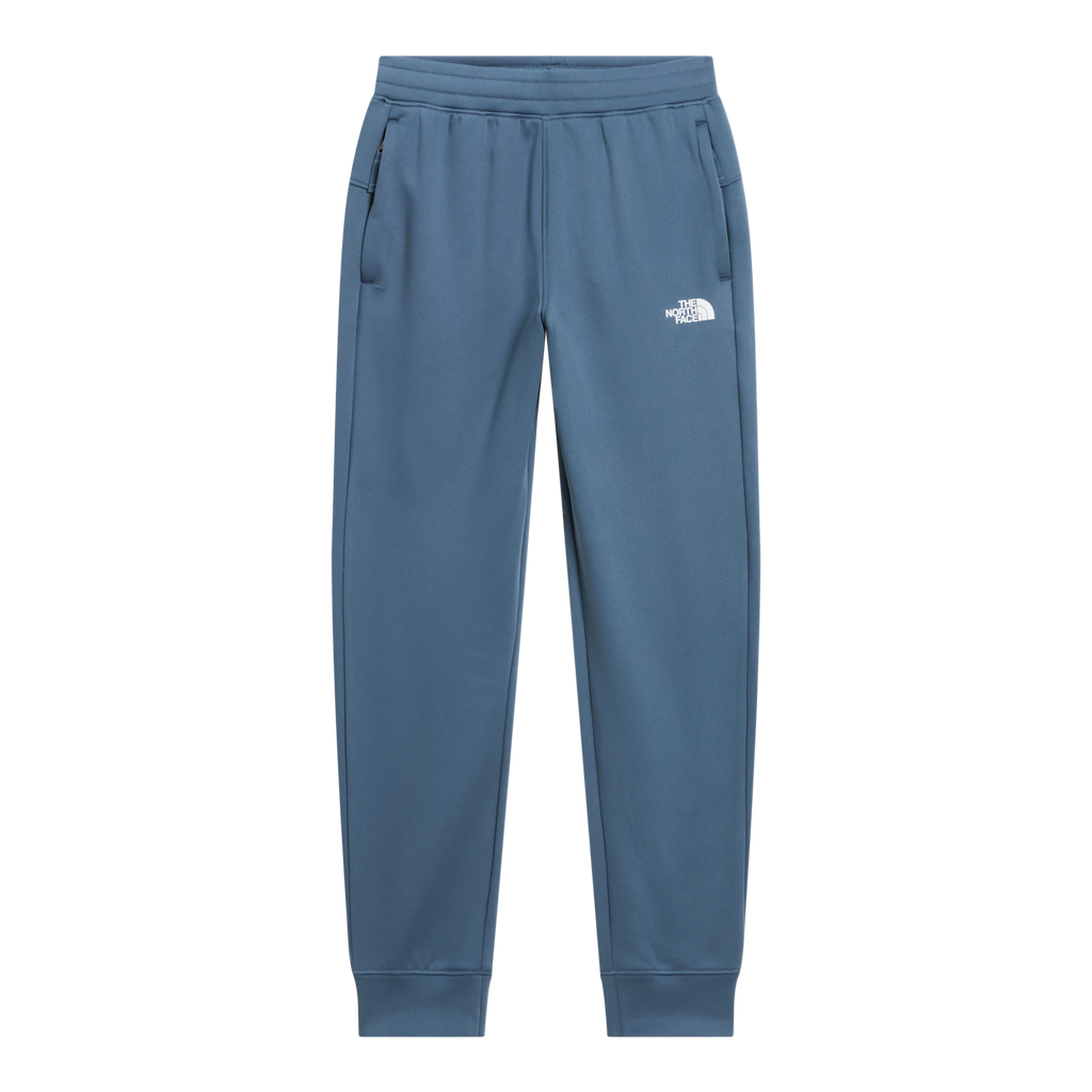 A pair of slate blue jogger pants with a small white embroidered The North Face logo on the left thigh, shown against a plain white background.