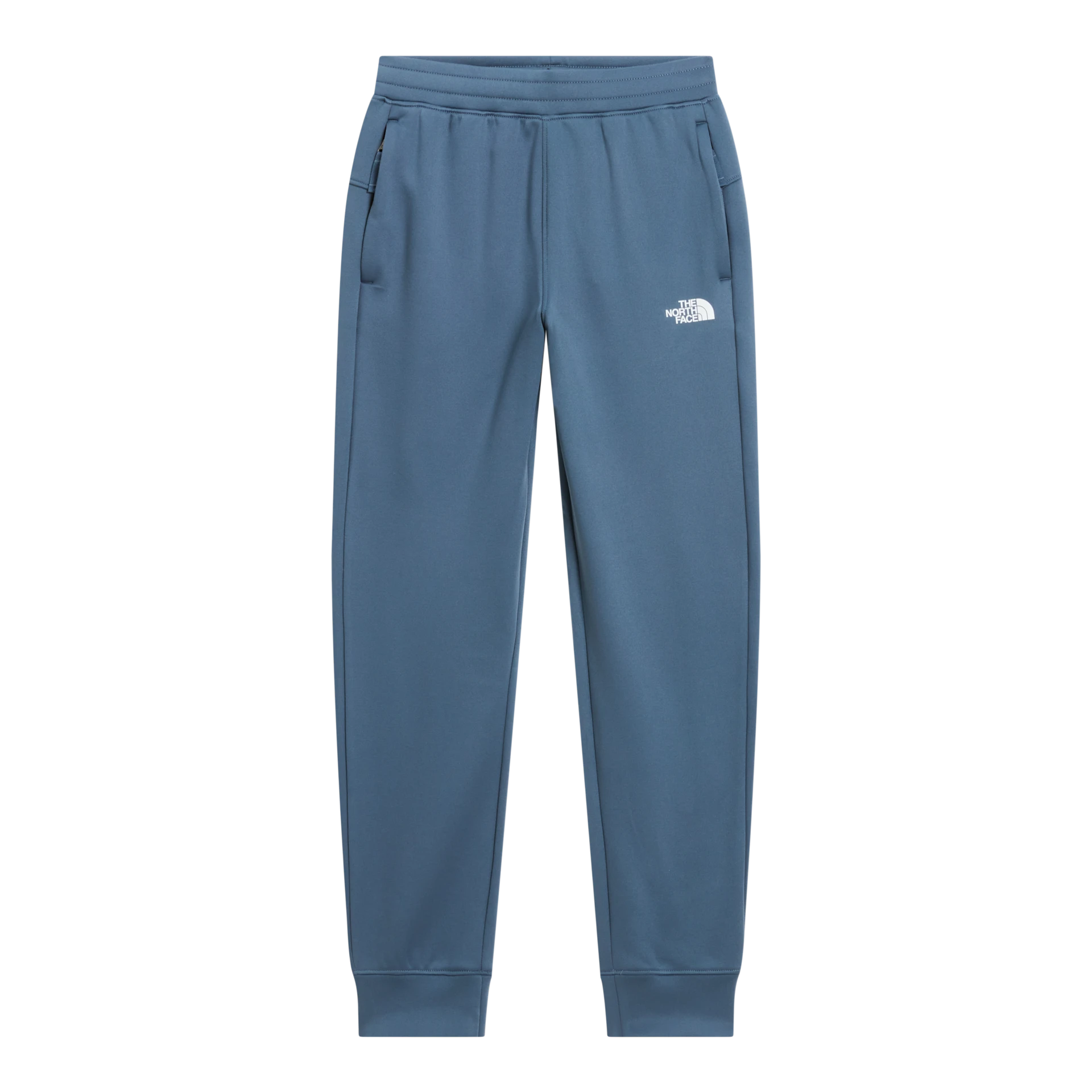 A pair of slate blue jogger pants with a small white embroidered The North Face logo on the left thigh, shown against a plain white background.