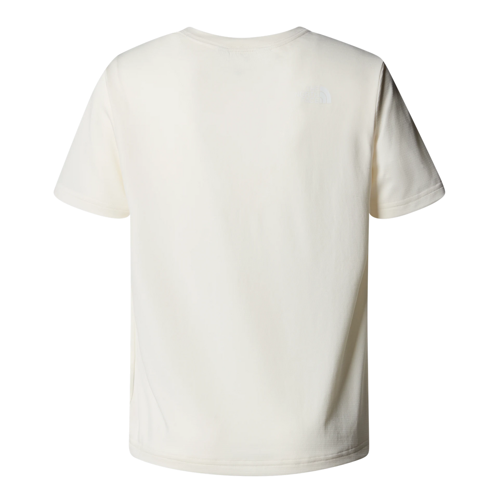 The back of a short-sleeve crewneck t-shirt in off-white, featuring a small tonal embroidered logo on the upper right shoulder, shown against a plain white background.