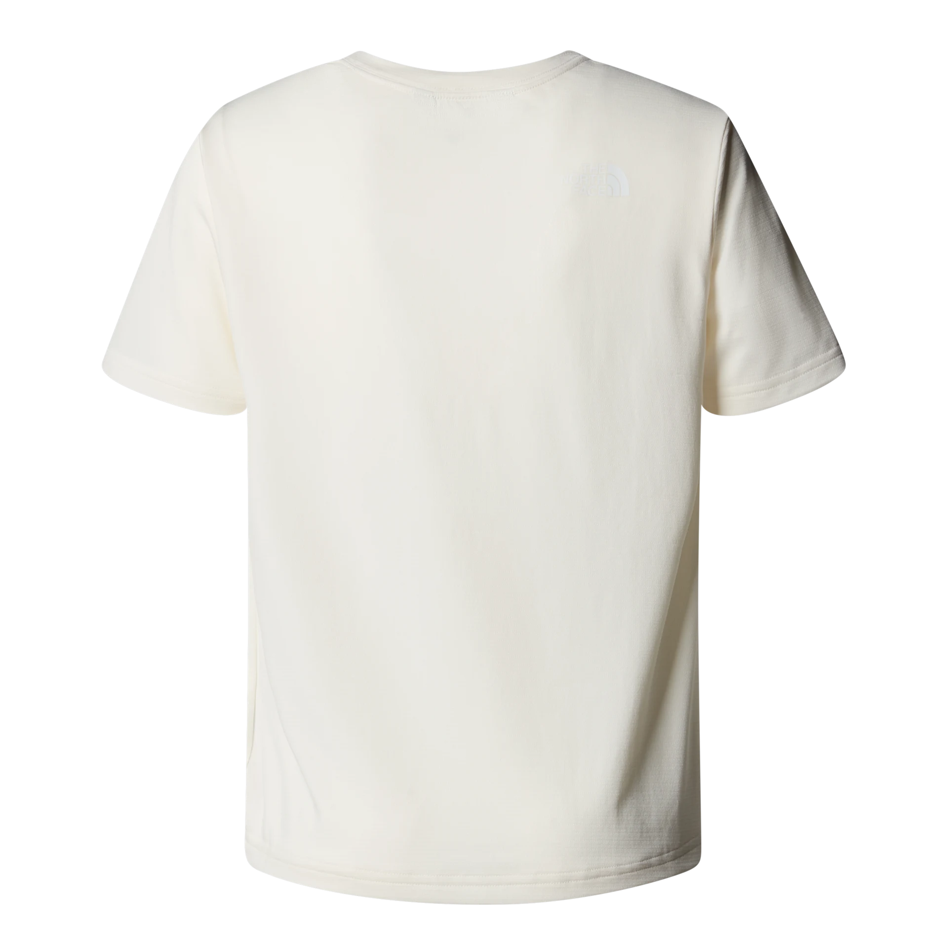 The back of a short-sleeve crewneck t-shirt in off-white, featuring a small tonal embroidered logo on the upper right shoulder, shown against a plain white background.