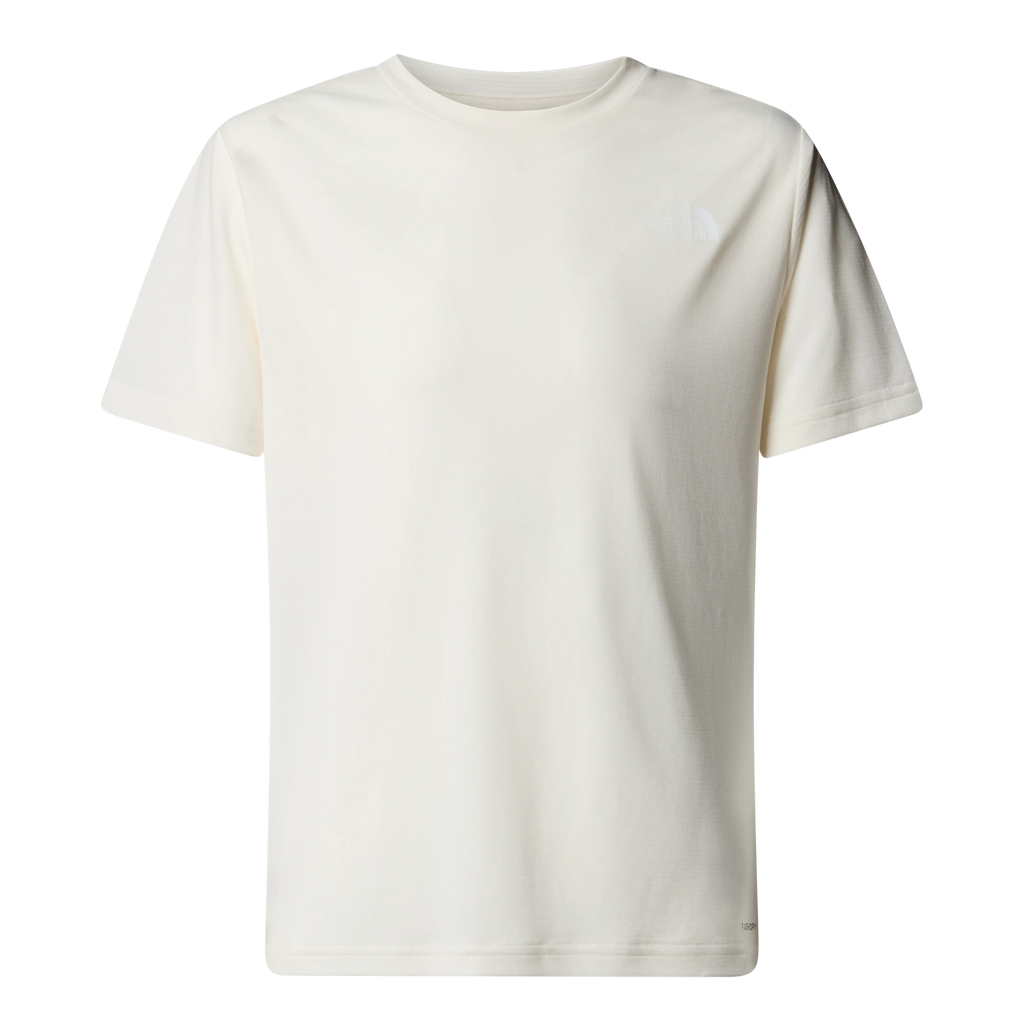 A short-sleeve crewneck t-shirt in off-white, featuring a small tonal embroidered logo on the left chest, displayed against a solid white background.