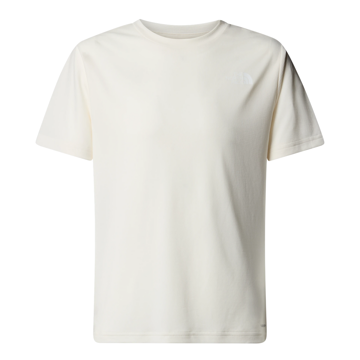 A short-sleeve crewneck t-shirt in off-white, featuring a small tonal embroidered logo on the left chest, displayed against a solid white background.