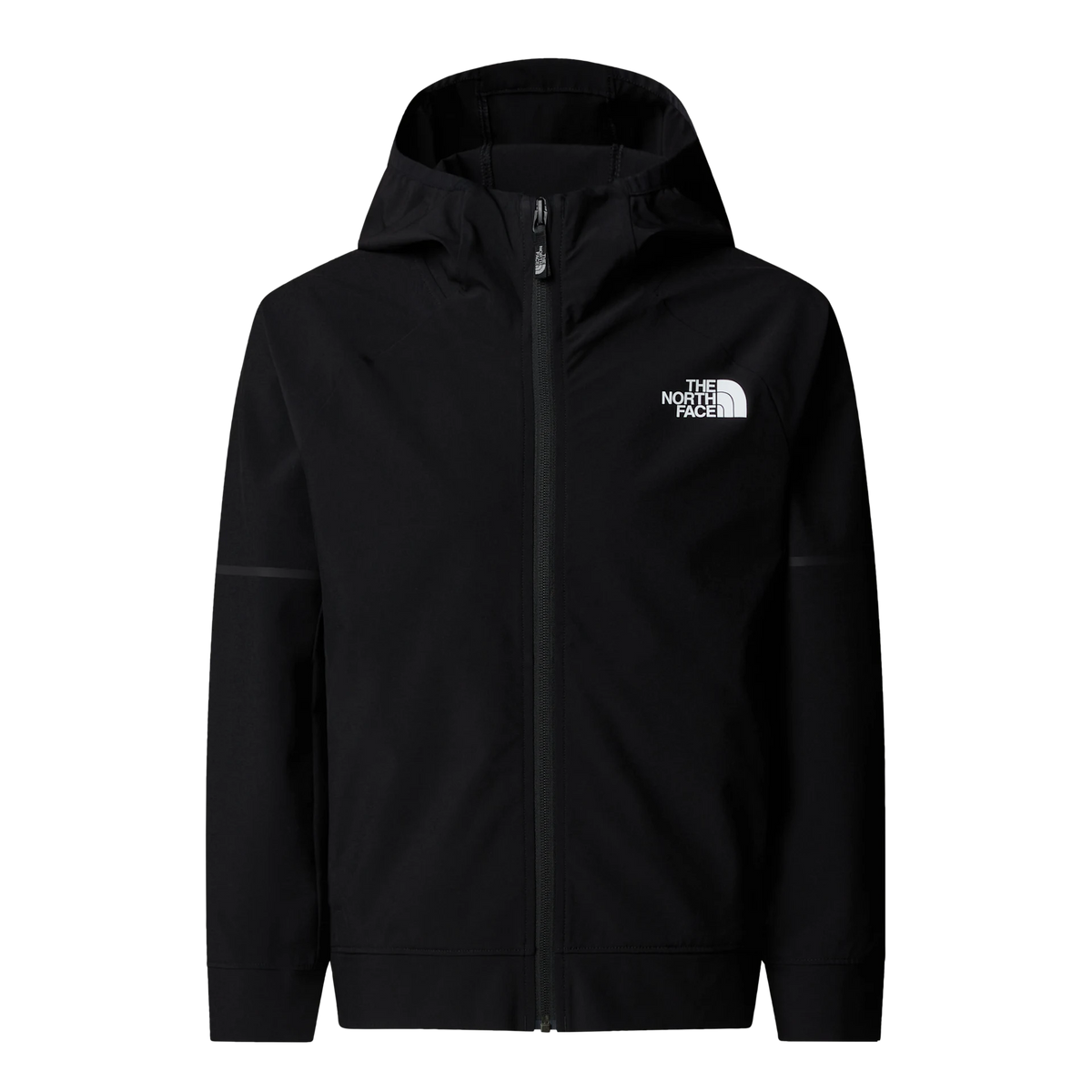 A black hooded zip-up jacket by The North Face, featuring a white embroidered logo on the left chest, displayed against a solid white background.