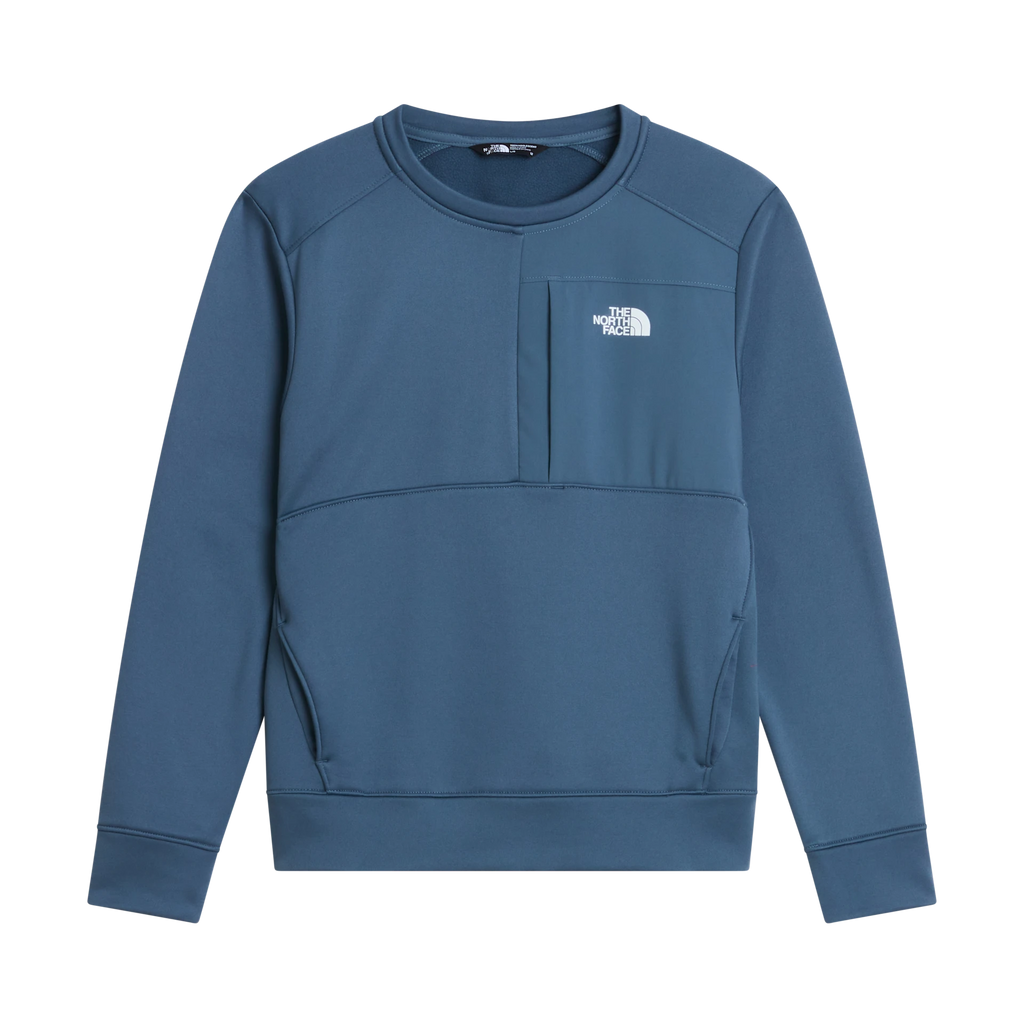 A slate blue crewneck sweatshirt by The North Face, featuring a chest pocket with a white embroidered logo, shown on a plain white background.
