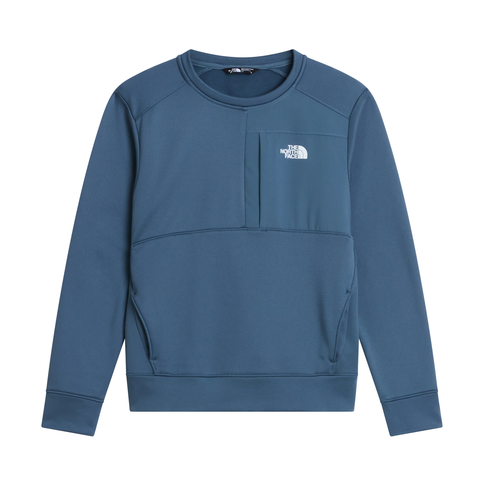 A slate blue crewneck sweatshirt by The North Face, featuring a chest pocket with a white embroidered logo, shown on a plain white background.