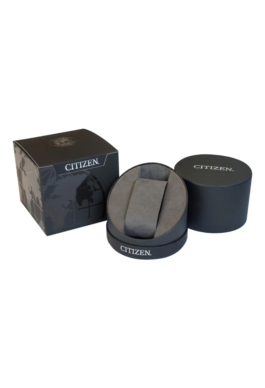 Citizen watch packaging for the Ladies Eco Drive Silhouette Crystal Bracelet Watch. Square and round boxes.