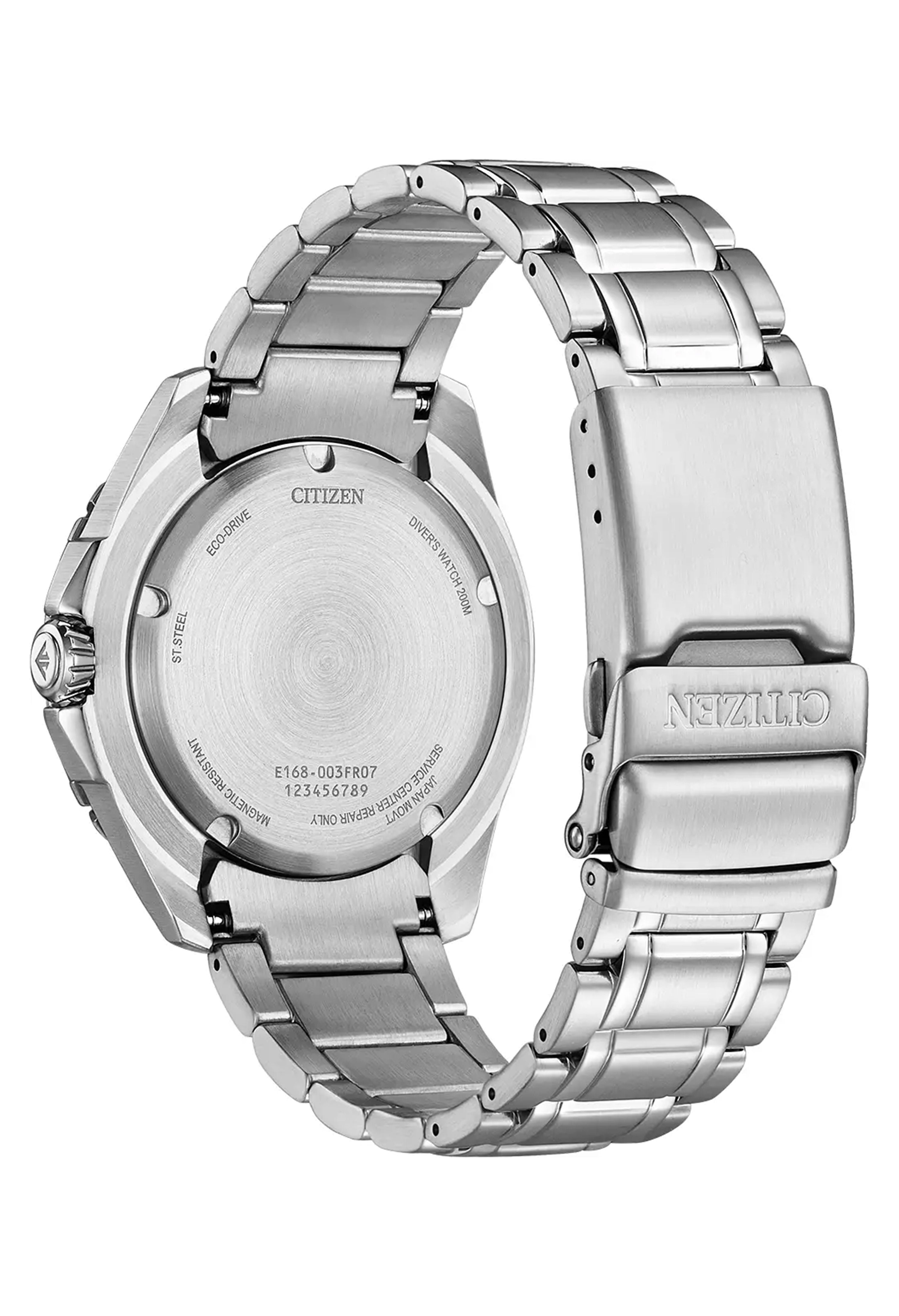 Close-up of the Citizen Eco-Drive Promaster Diver Watch showcasing the stainless steel case back with model E168-003FR07 &