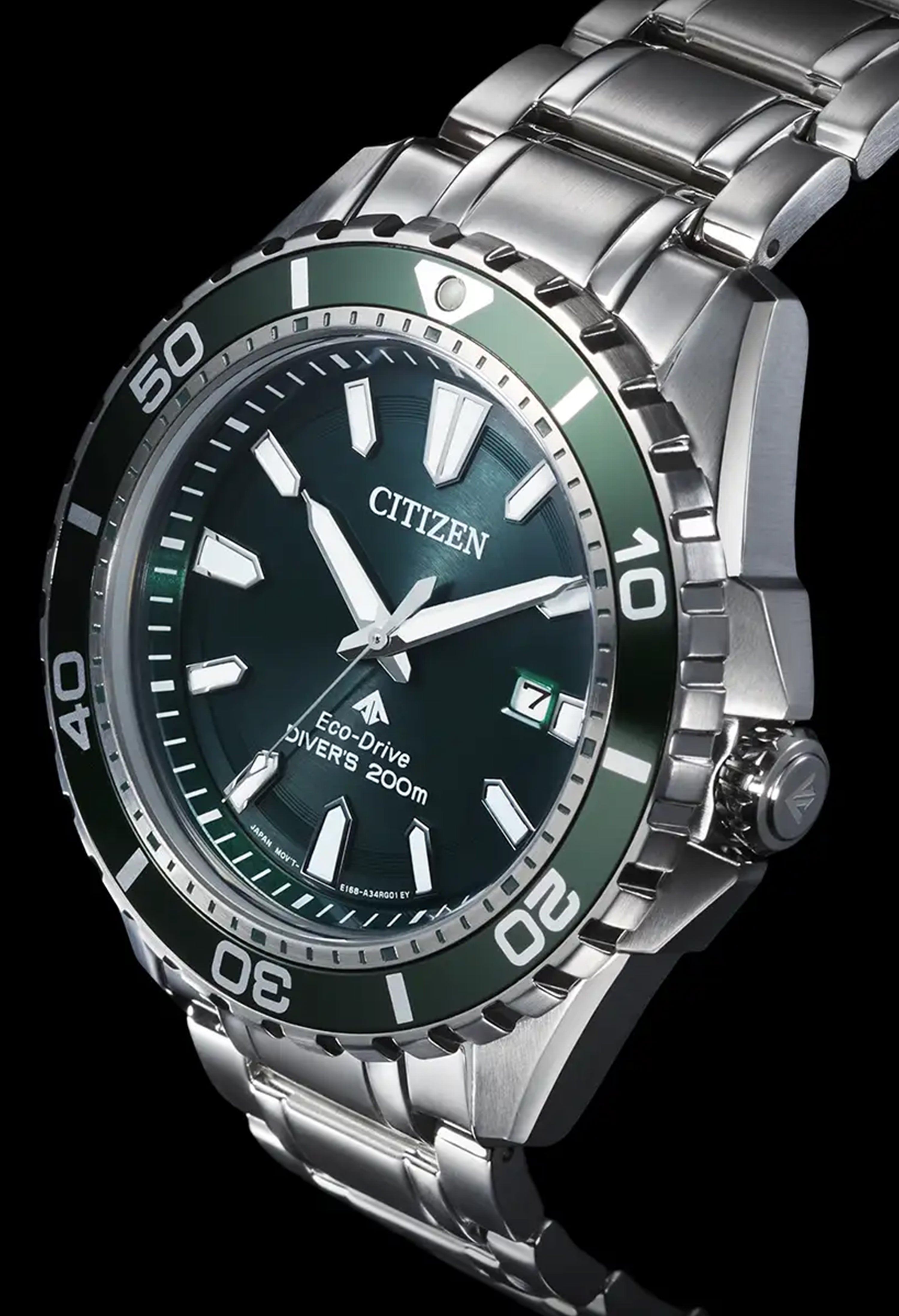 Citizen Promaster dive watch showcasing the green dial, bezel, & date. Eco-Drive technology for reliable solar power. Water