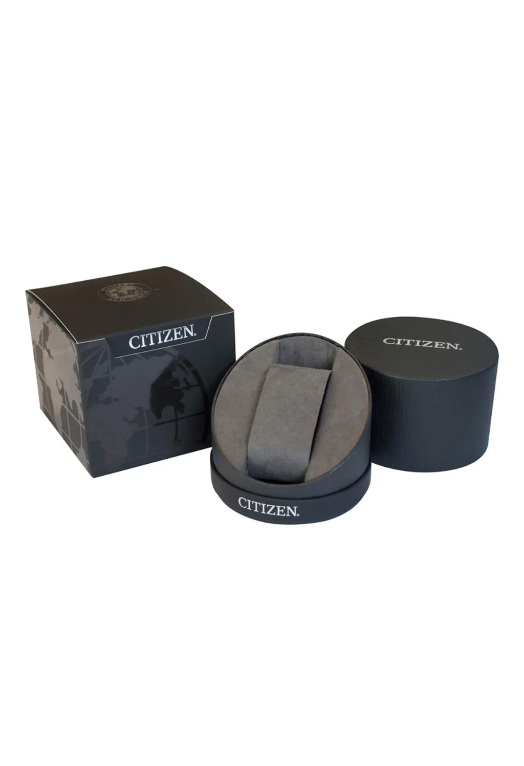 Citizen watch box set: Square outer box plus round interior box with watch pillow and lid.