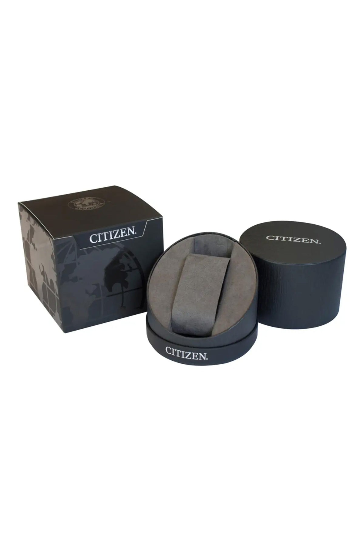 Citizen watch box set: Square outer box plus round interior box with watch pillow and lid.