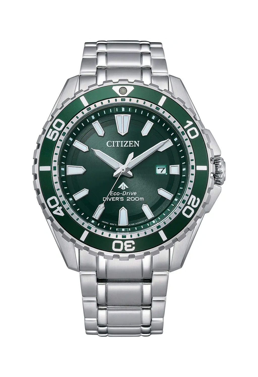 Citizen Promaster diver watch showcasing its green dial, stainless steel band, Eco-Drive technology, & 200m water resistance.