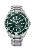 Citizen Promaster diver watch showcasing its green dial, stainless steel band, Eco-Drive technology, & 200m water resistance.