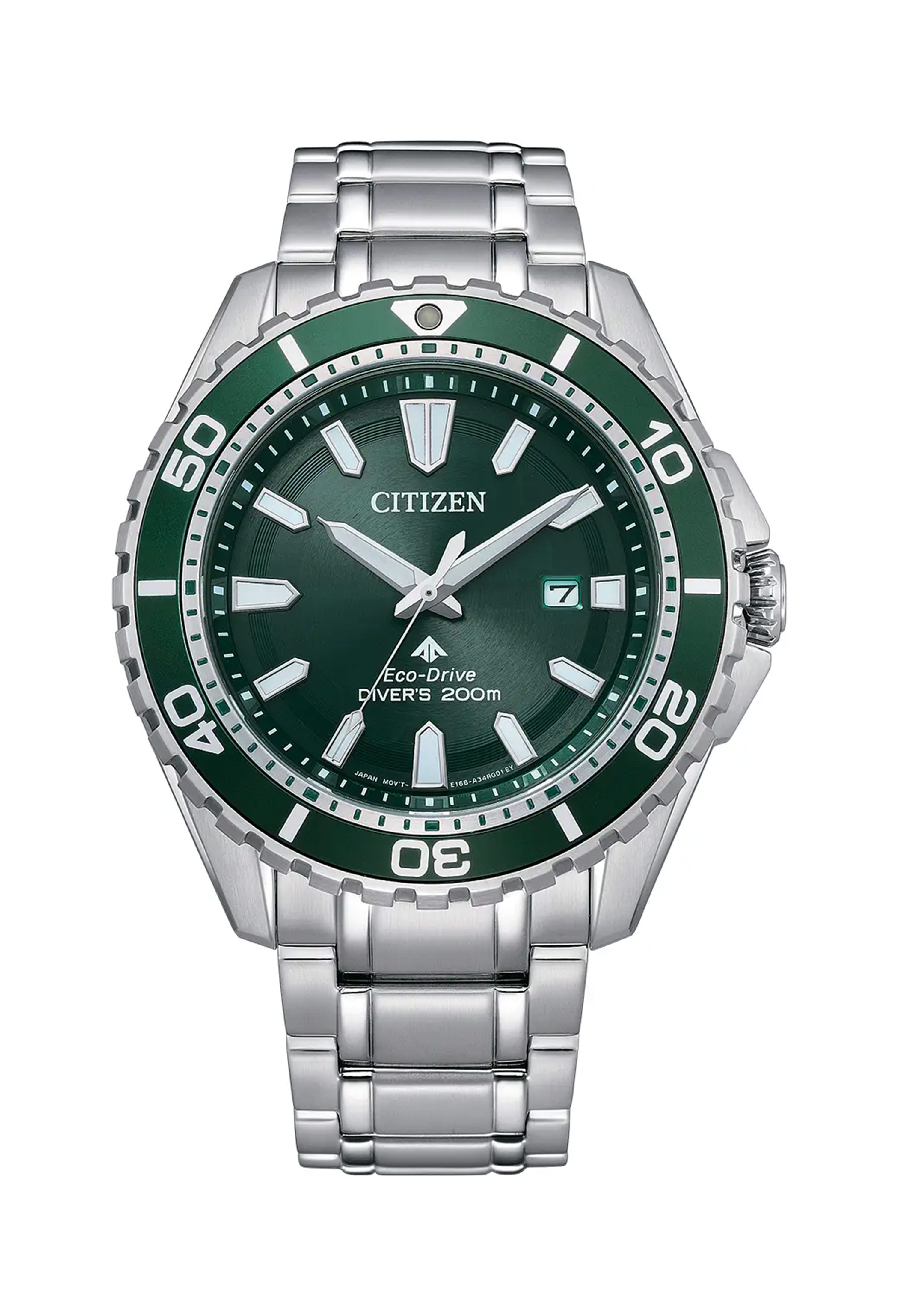 Citizen Promaster diver watch showcasing its green dial, stainless steel band, Eco-Drive technology, & 200m water resistance.