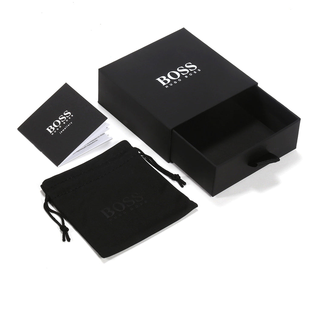Boss Lander bracelet packaging; box, dust bag, and leaflet featuring Hugo Boss logo branding.