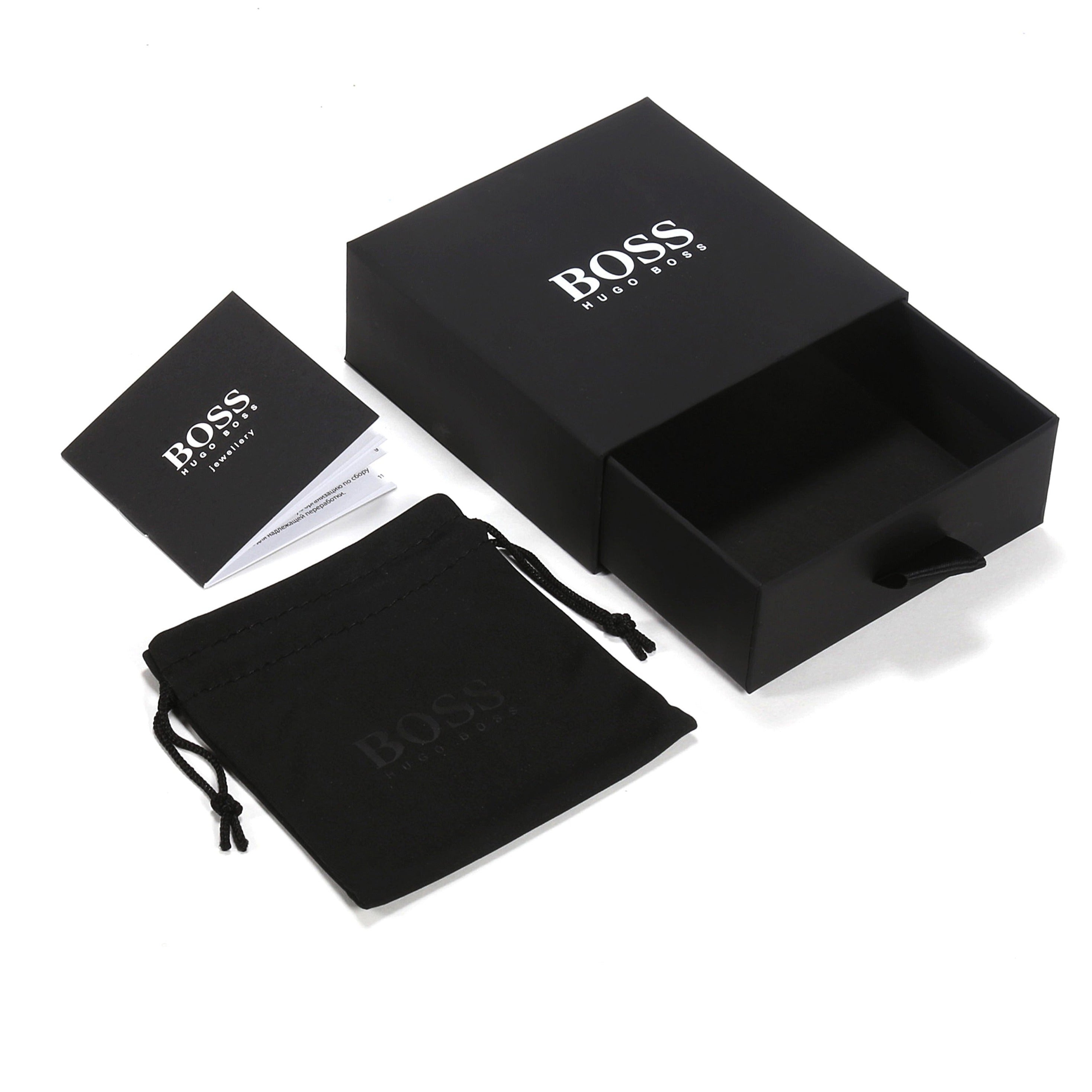 Boss Lander bracelet packaging; box, dust bag, and leaflet featuring Hugo Boss logo branding.