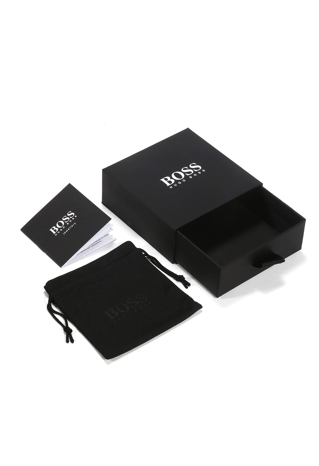 Close-up of the BOSS jewelry box, care instructions, and pouch included with the gold plated stainless steel chain.