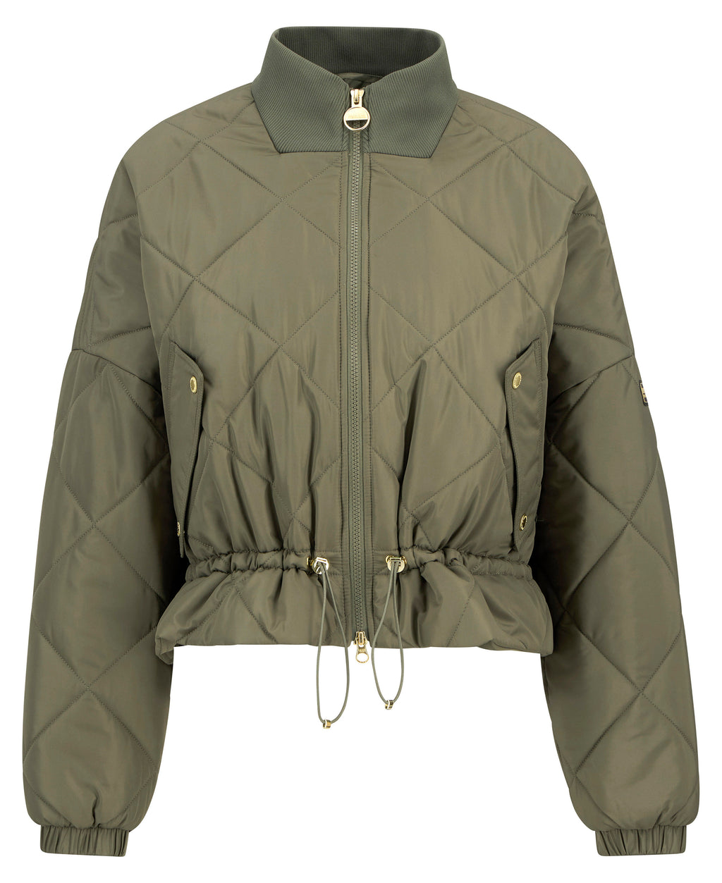 Green quilted jacket on a white background