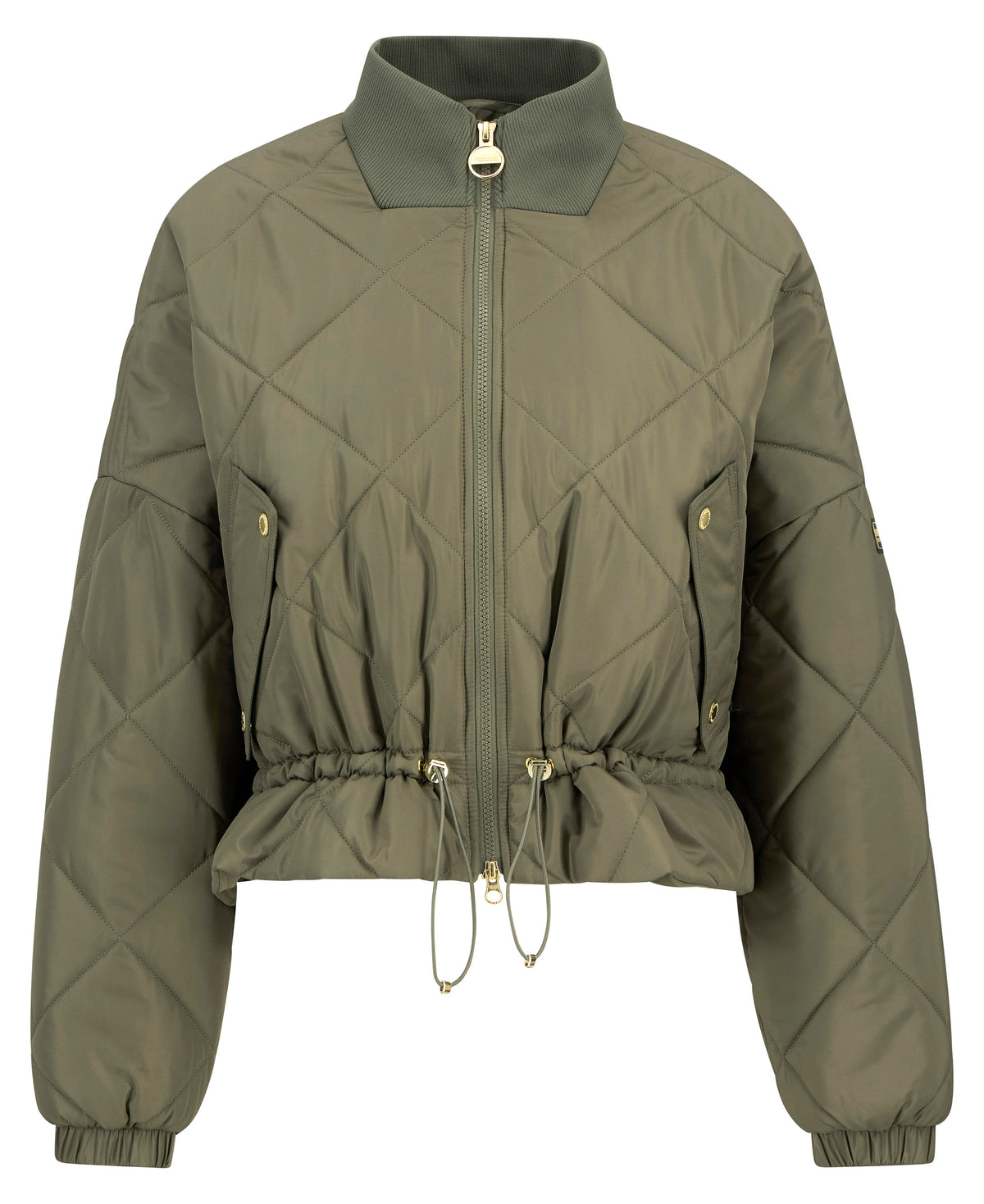 Green quilted jacket on a white background