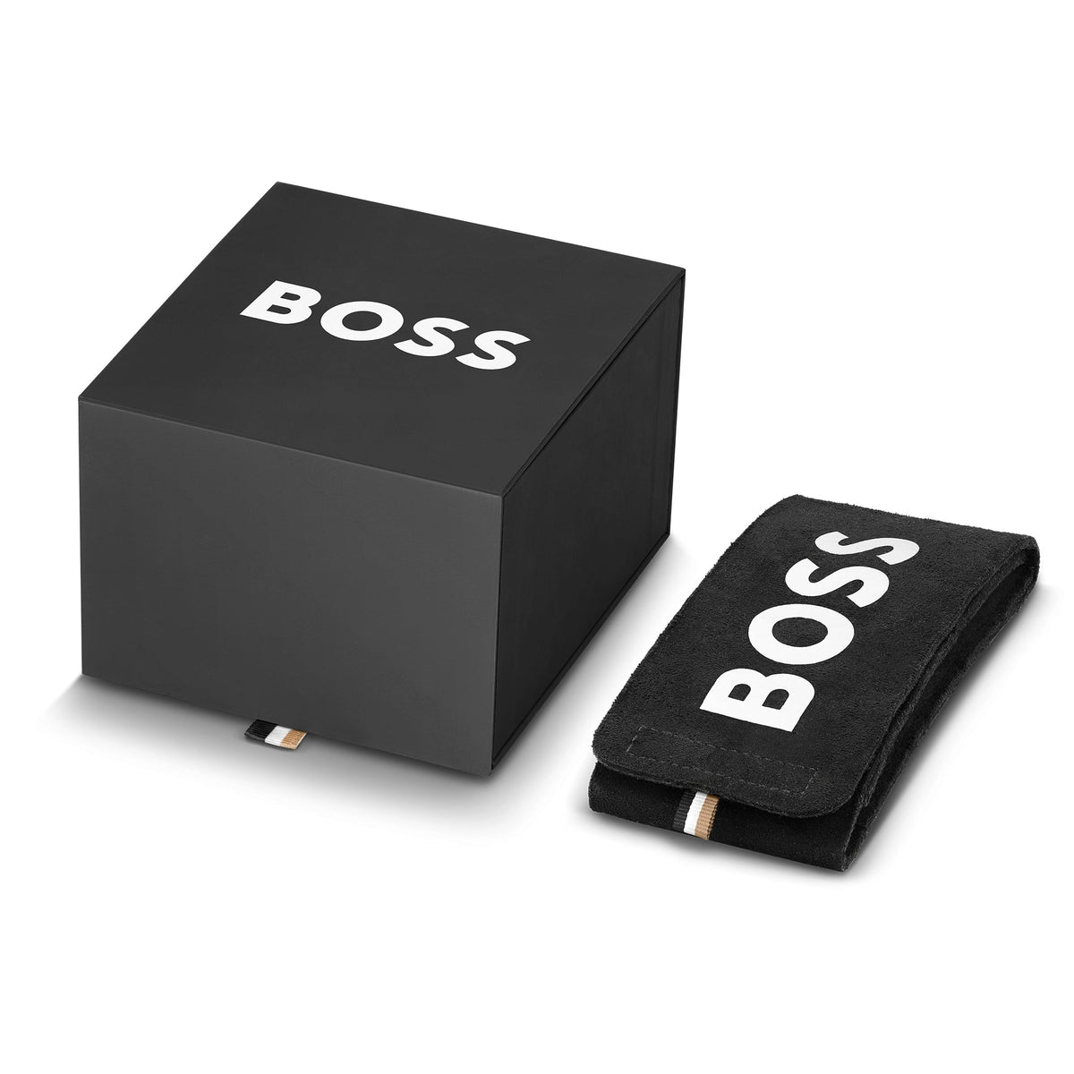 BOSS watch presentation: Gift box and velvet pouch with logo. Perfect for a gift or safe keeping of the watch.