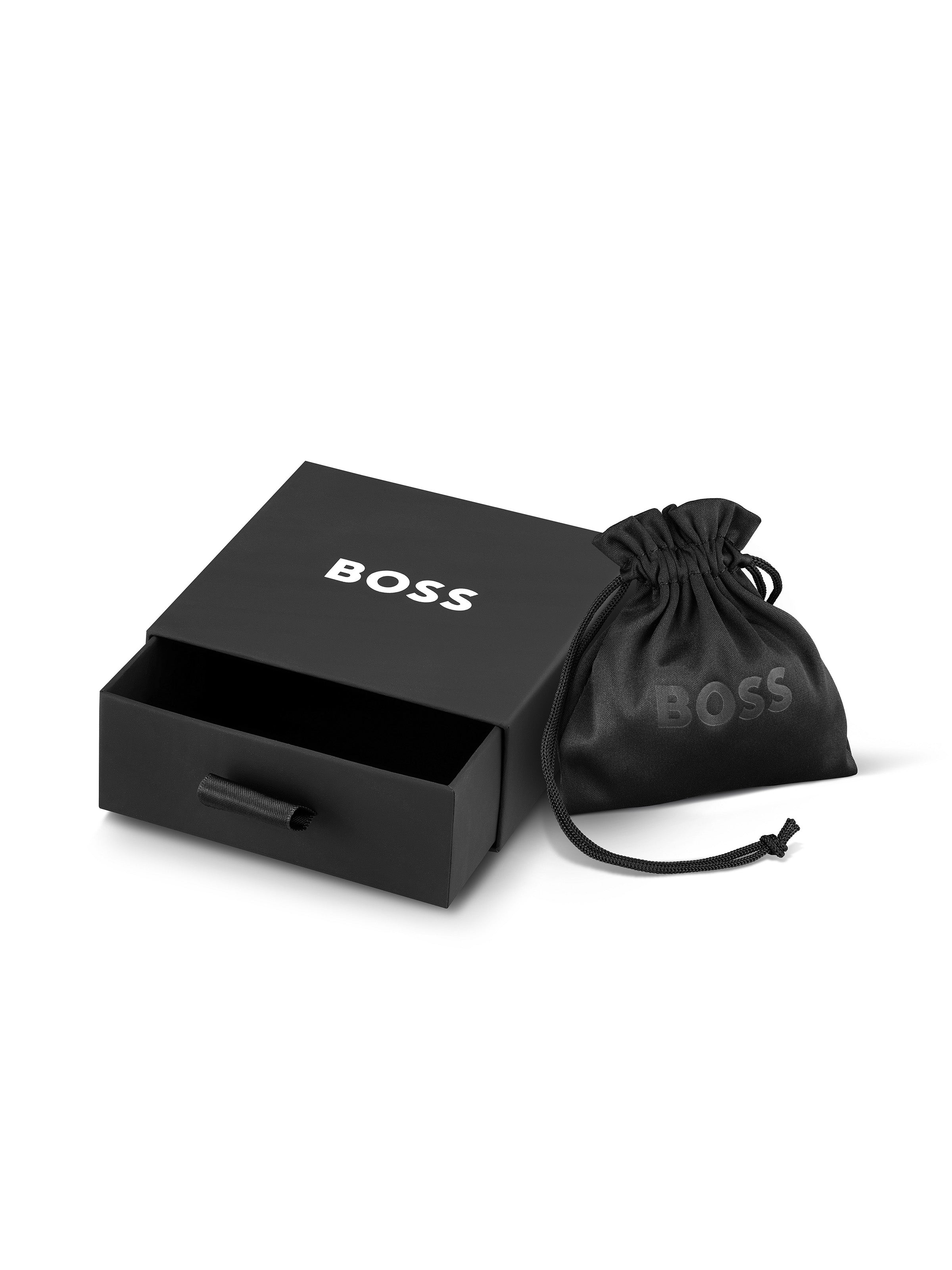 Braided leather bracelet from BOSS with gold plating, shown with branded storage box and pouch.