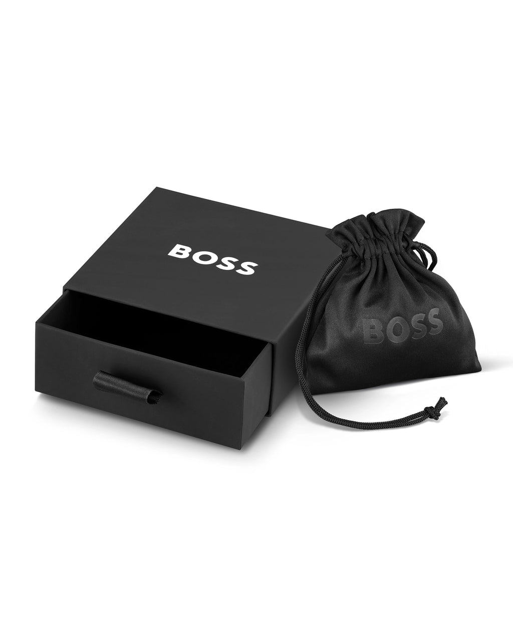 BOSS mesh bracelet packaging: gift box & drawstring pouch with logo. Premium presentation for stainless steel jewelry.