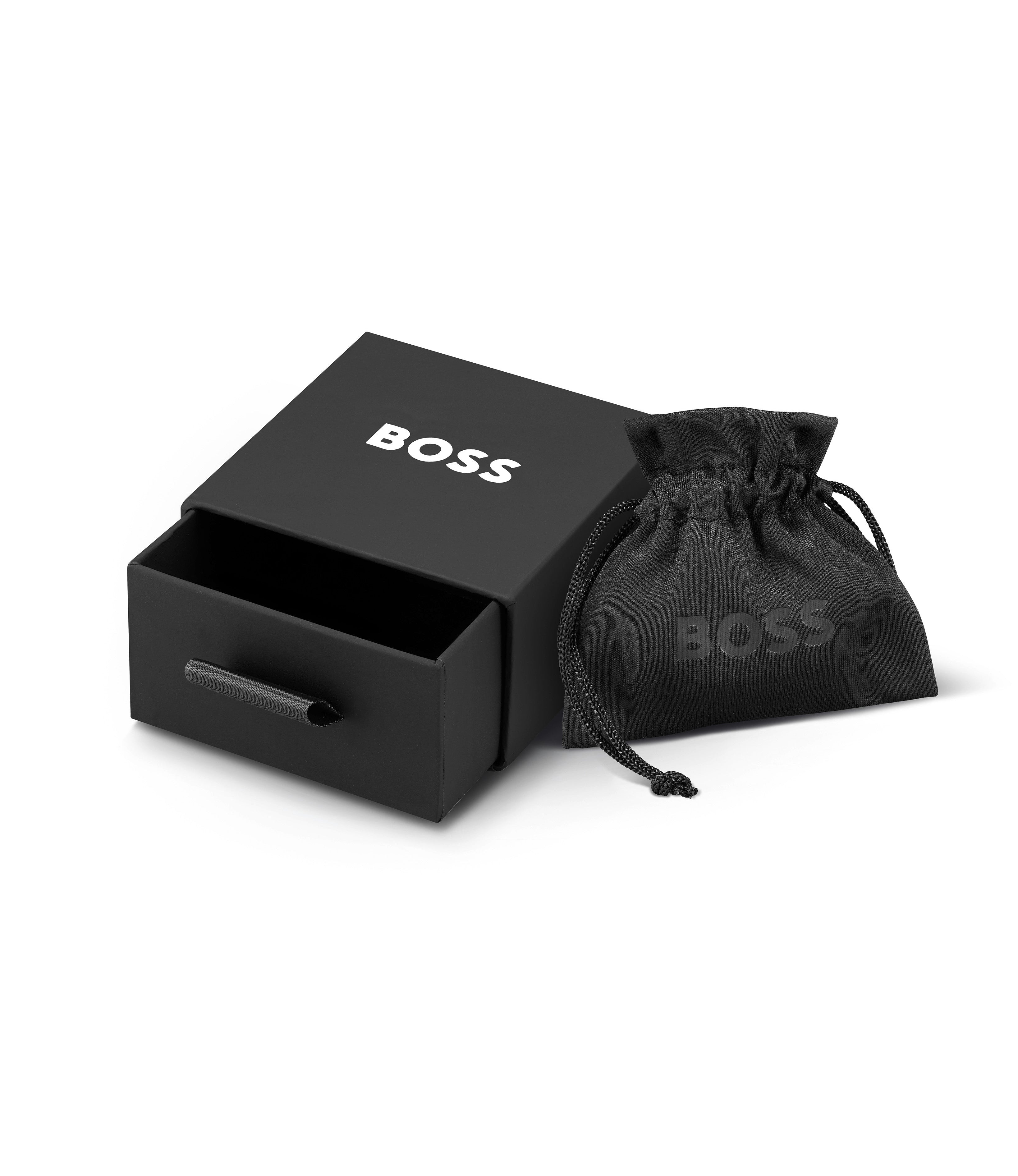 BOSS earrings packaging. Black box and jewelry pouch displaying the logo, showcasing brand presentation.