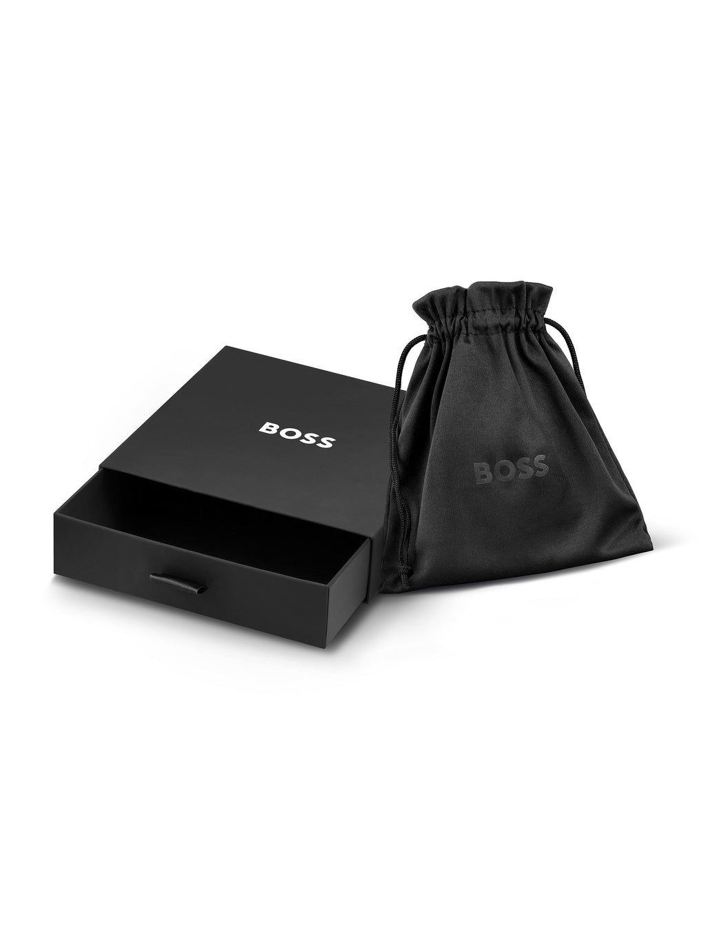 BOSS stainless steel necklace in presentation box with dust bag. Jewelry product shot for online store.