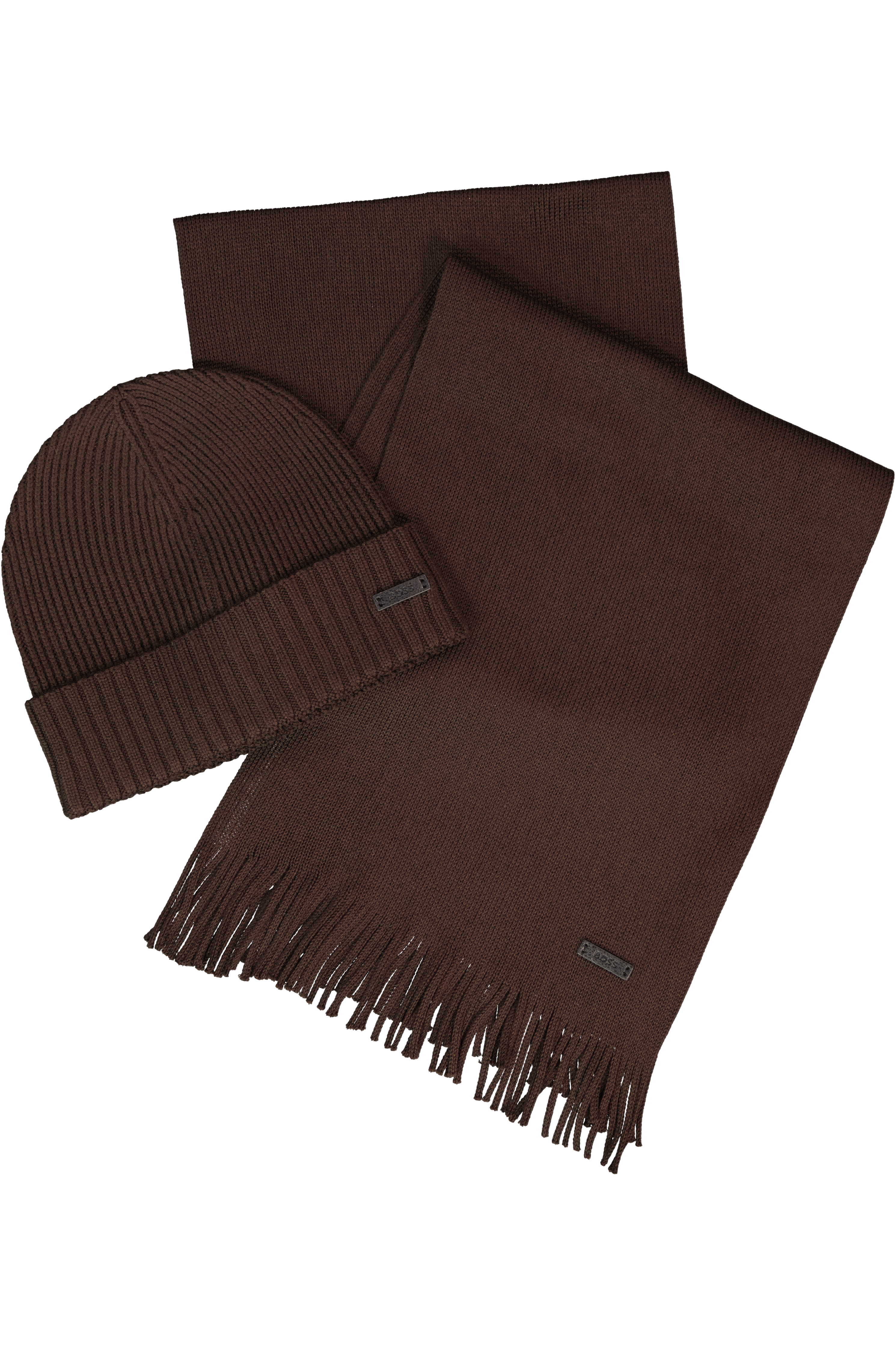 Men's BOSS Black Fati Dark Brown Beanie Hat & Albas Brown Wool Scarf Set