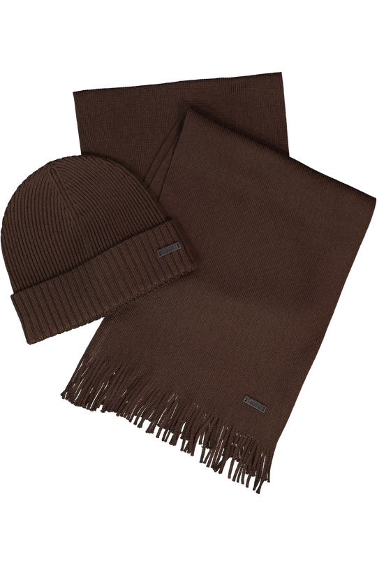 Men's BOSS Black Fati Dark Brown Beanie Hat & Albas Brown Wool Scarf Set