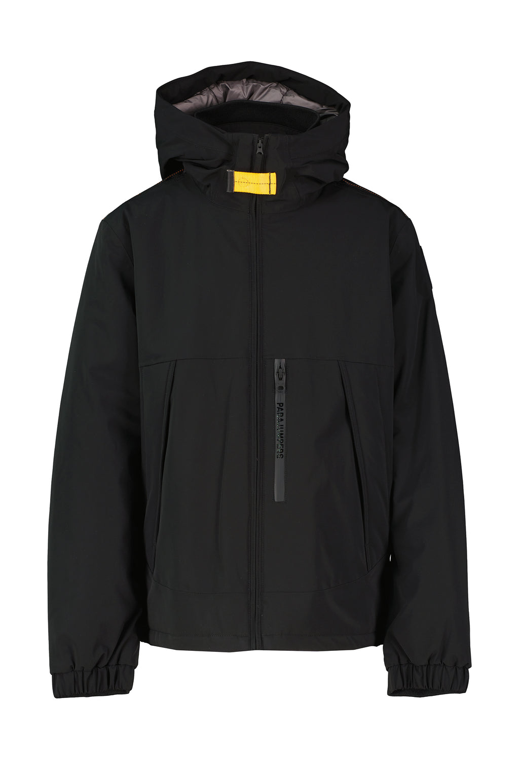 Black jacket with a yellow label on a white background